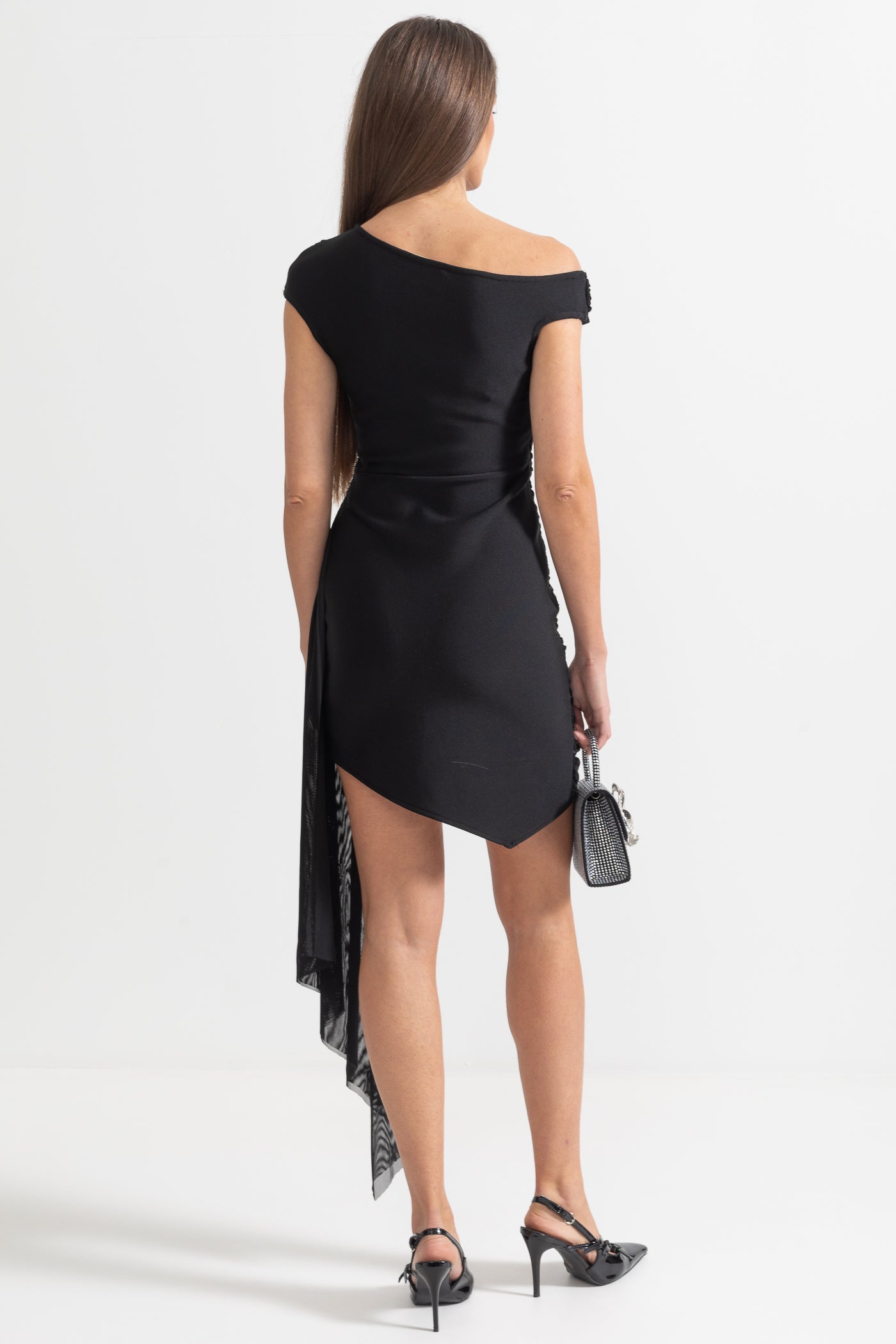 One-Shoulder Draped Dress With Silver Floral Brooch - Black