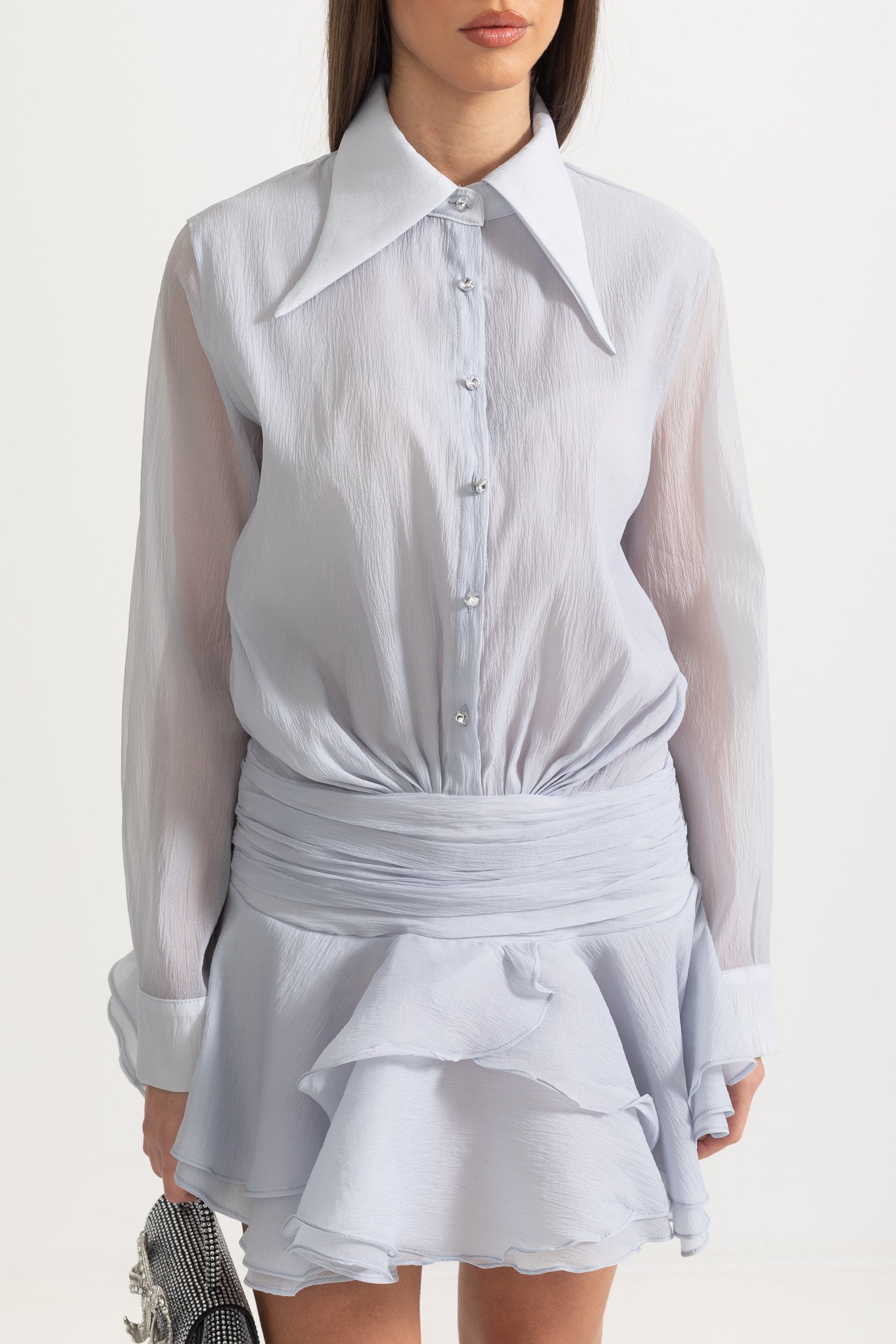 Button-Up Shirt With Cinched Waist - Gray