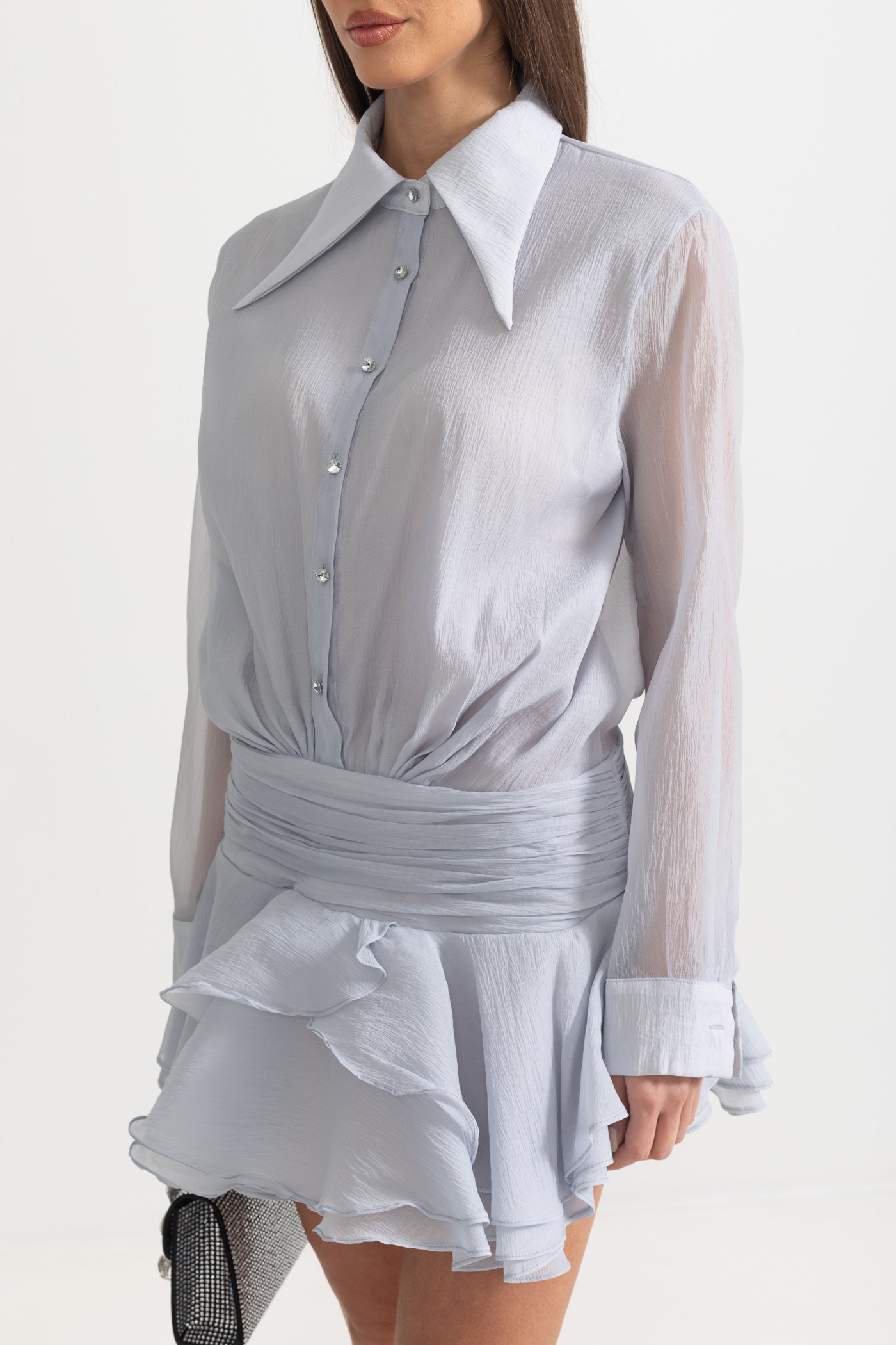 Button-Up Shirt With Cinched Waist - Gray