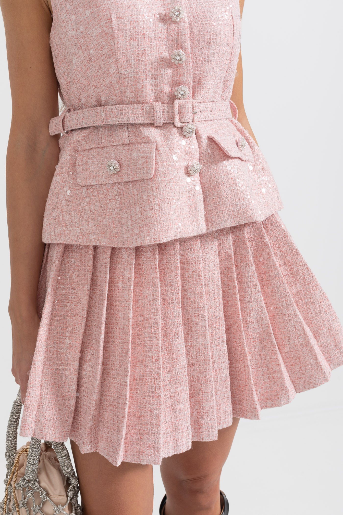 Sleeveless Textured Mini Dress With Pleated Skirt And Waistbelt - Pink