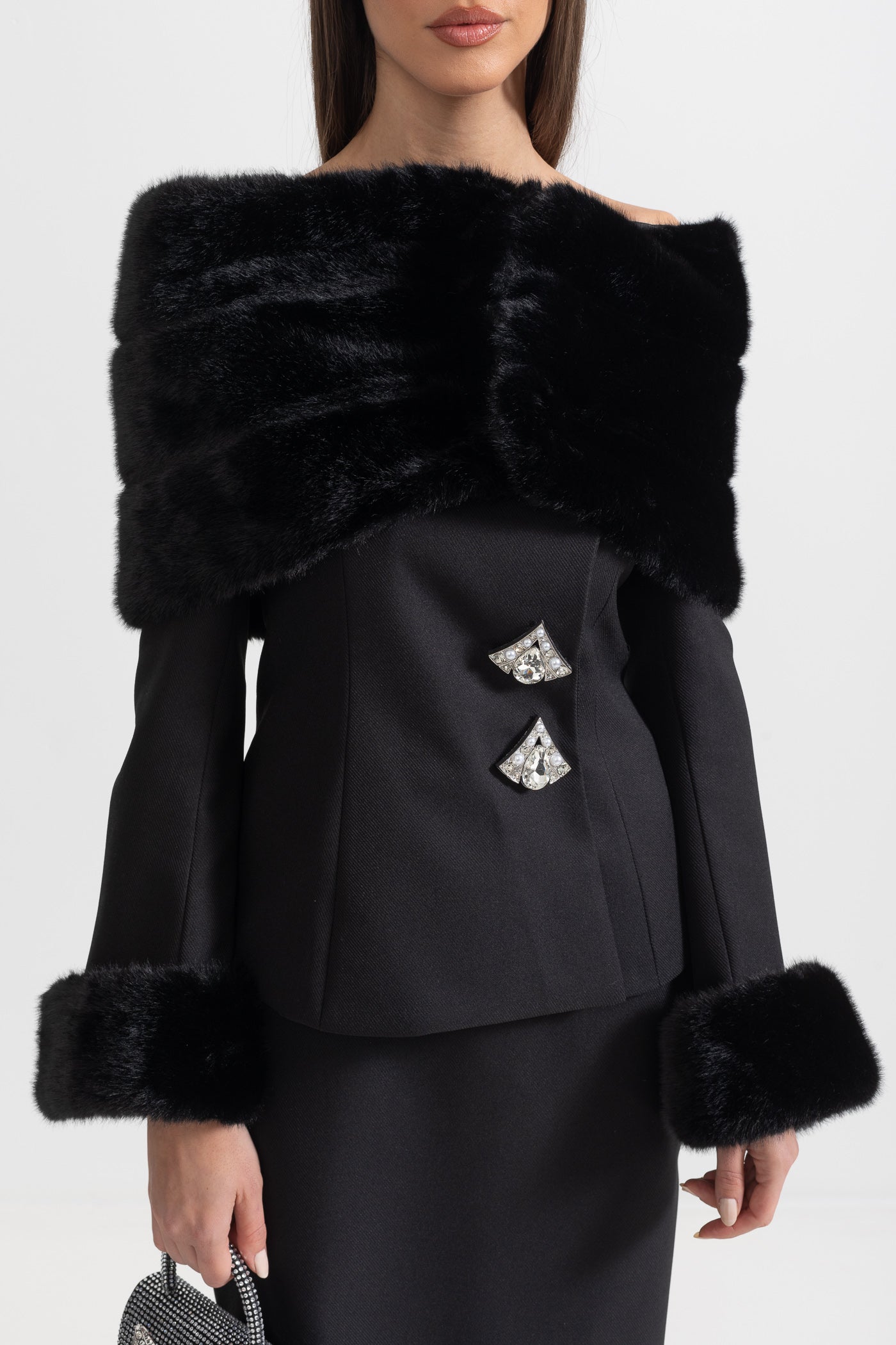 Two-Piece Ensemble With Faux Fur Shawl, Cuffs And Maxi Skirt - Black