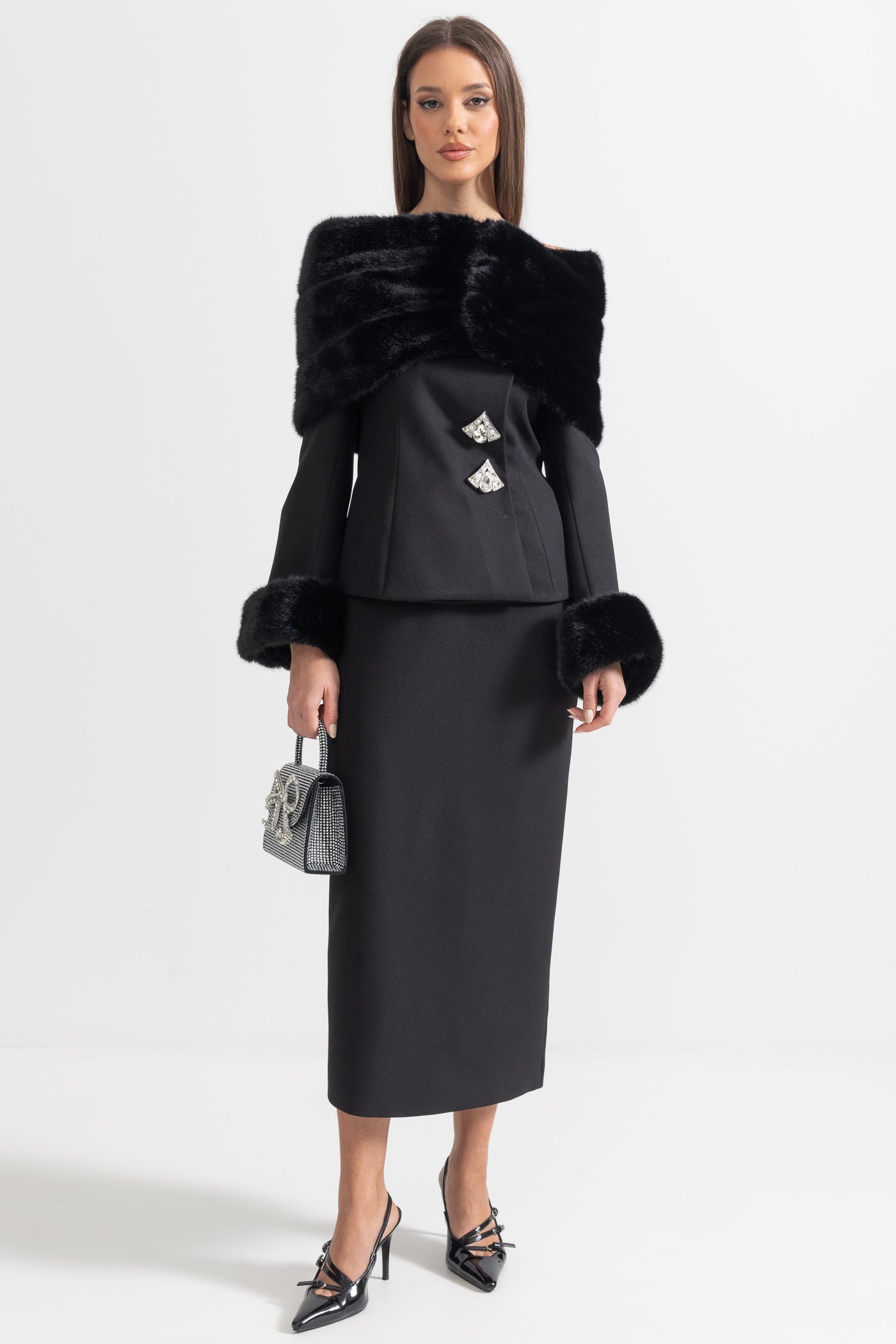 Two-Piece Ensemble With Faux Fur Shawl, Cuffs And Maxi Skirt - Black