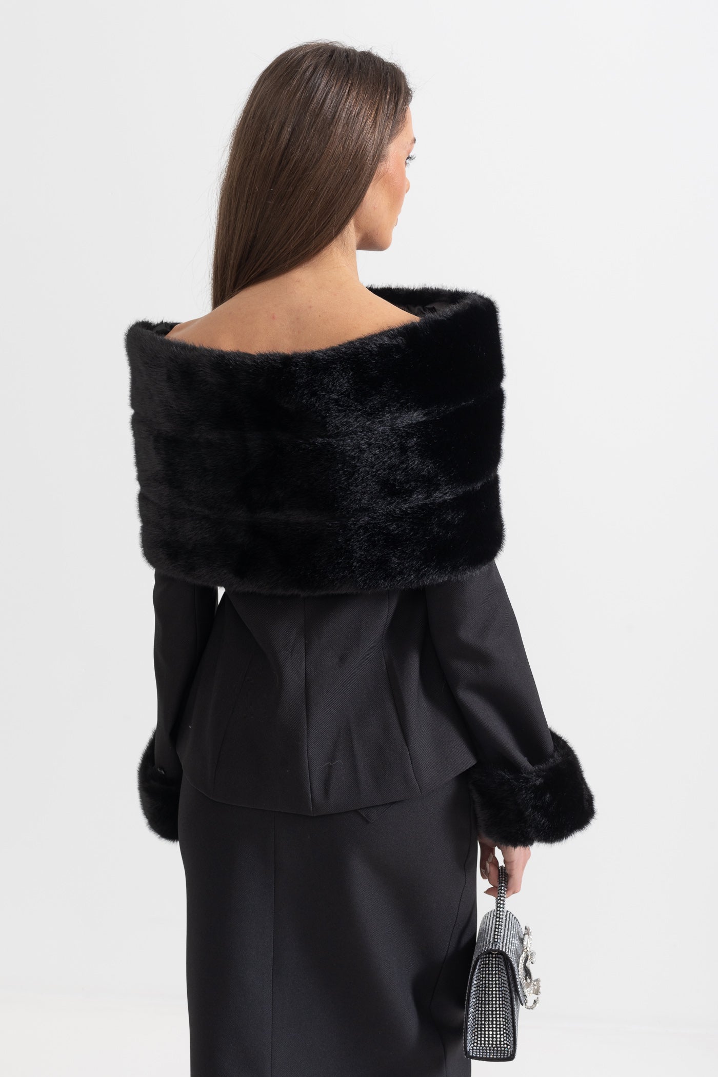 Two-Piece Ensemble With Faux Fur Shawl, Cuffs And Maxi Skirt - Black