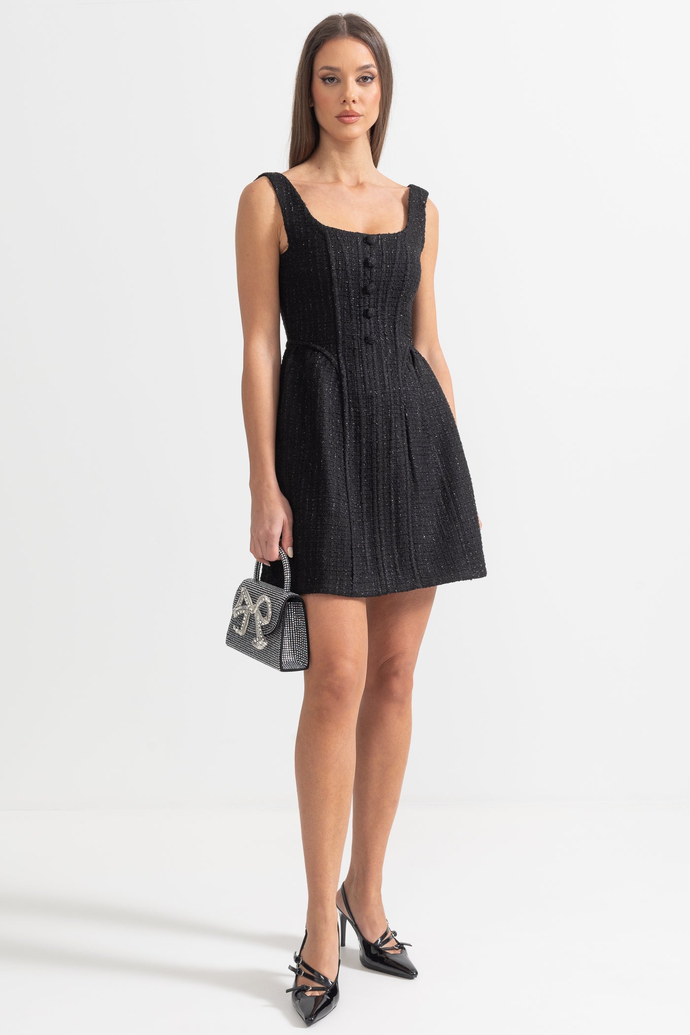 Textured Sleeveless Mini Dress With Fitted Bodice  - Black