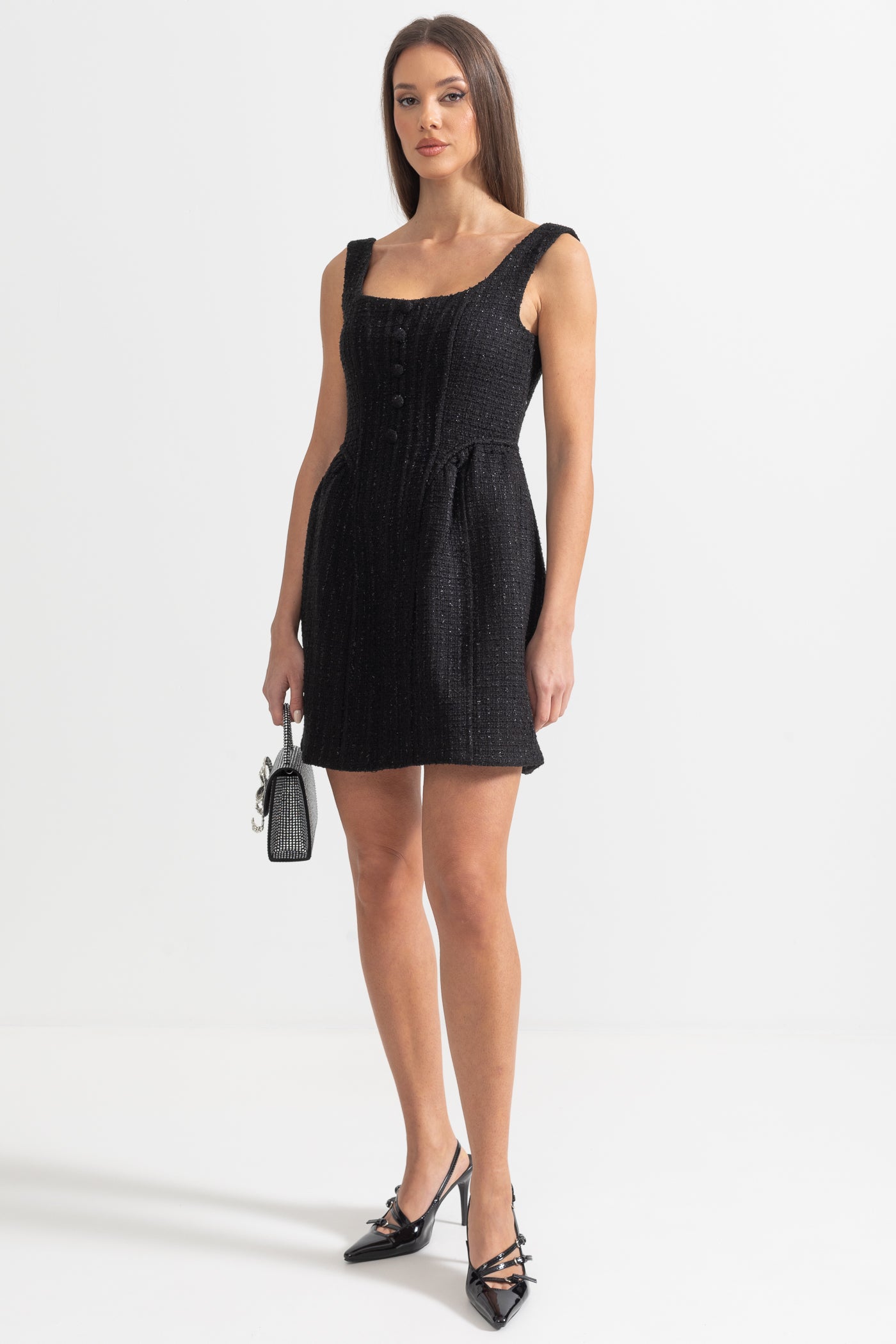 Textured Sleeveless Mini Dress With Fitted Bodice  - Black