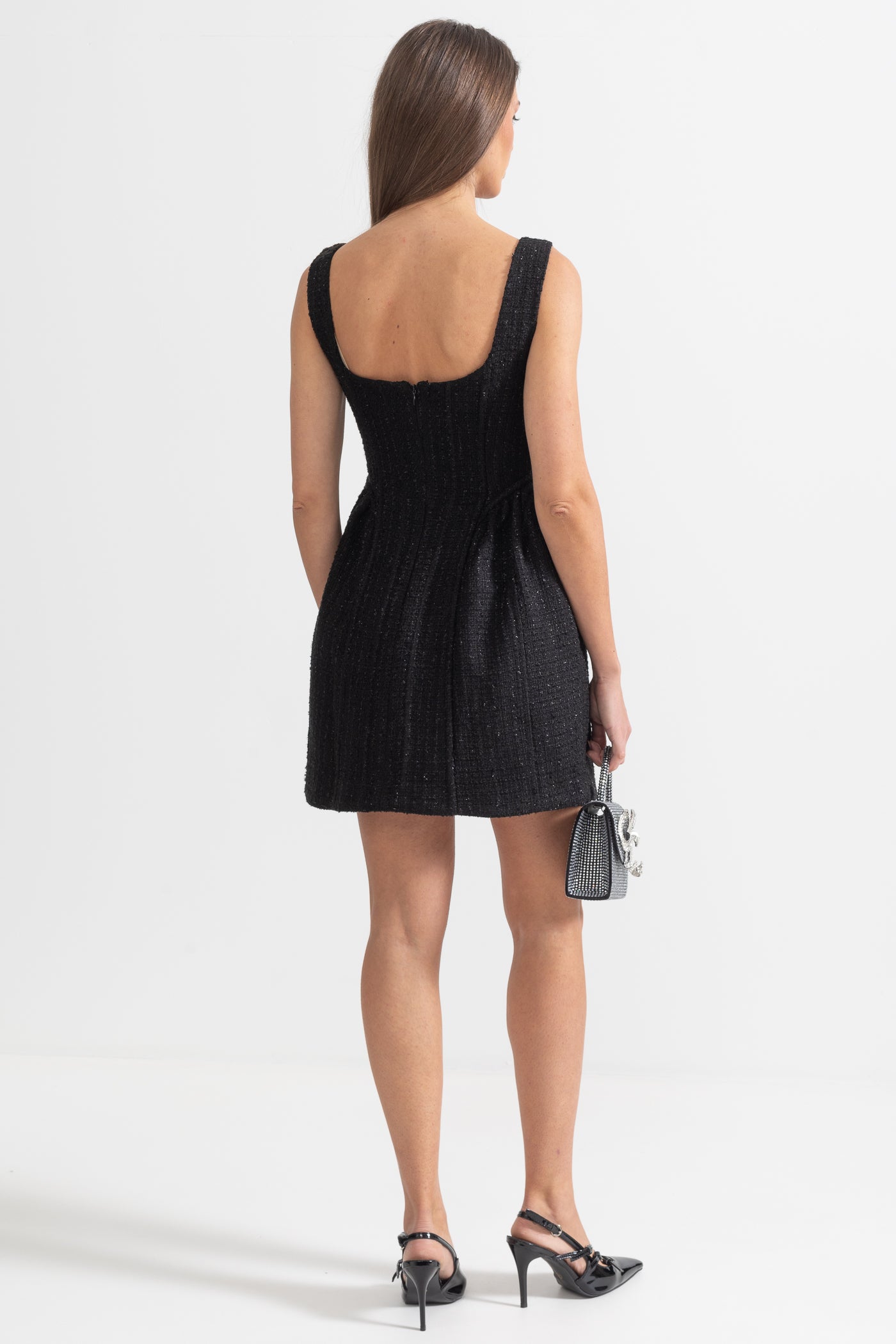 Textured Sleeveless Mini Dress With Fitted Bodice  - Black