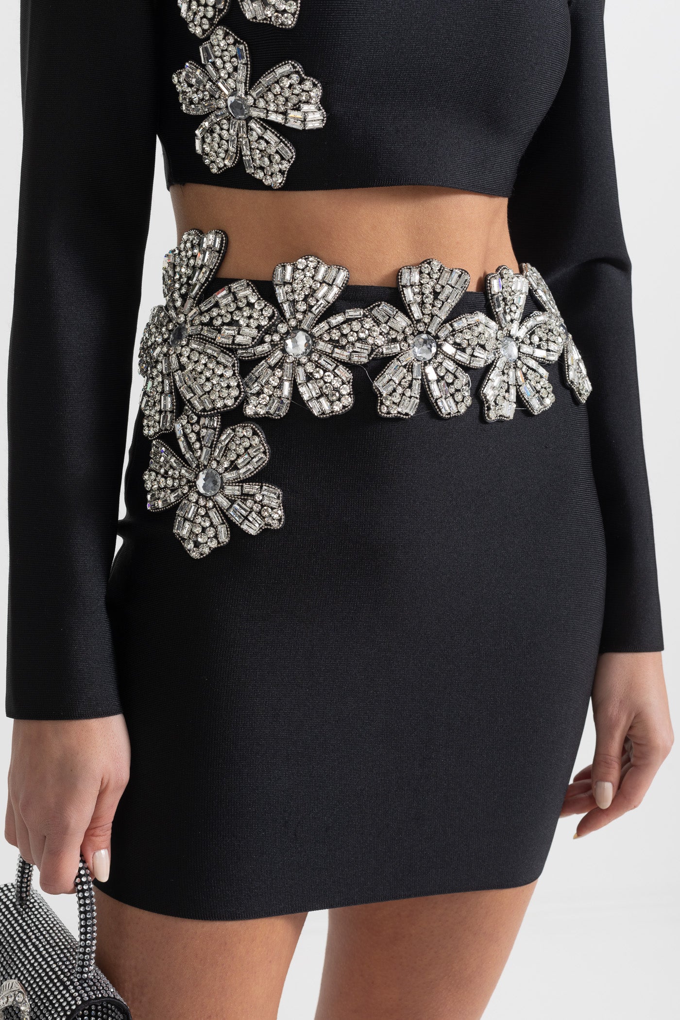 Diamond Flower Accent 2 Piece Set With Long Sleeves Top And Mini Skirt - Black