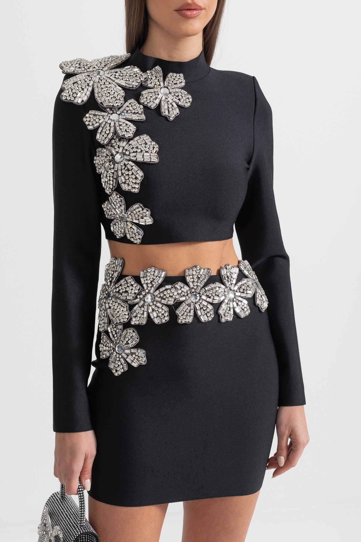 Diamond Flower Accent 2 Piece Set With Long Sleeves Top And Mini Skirt - Black