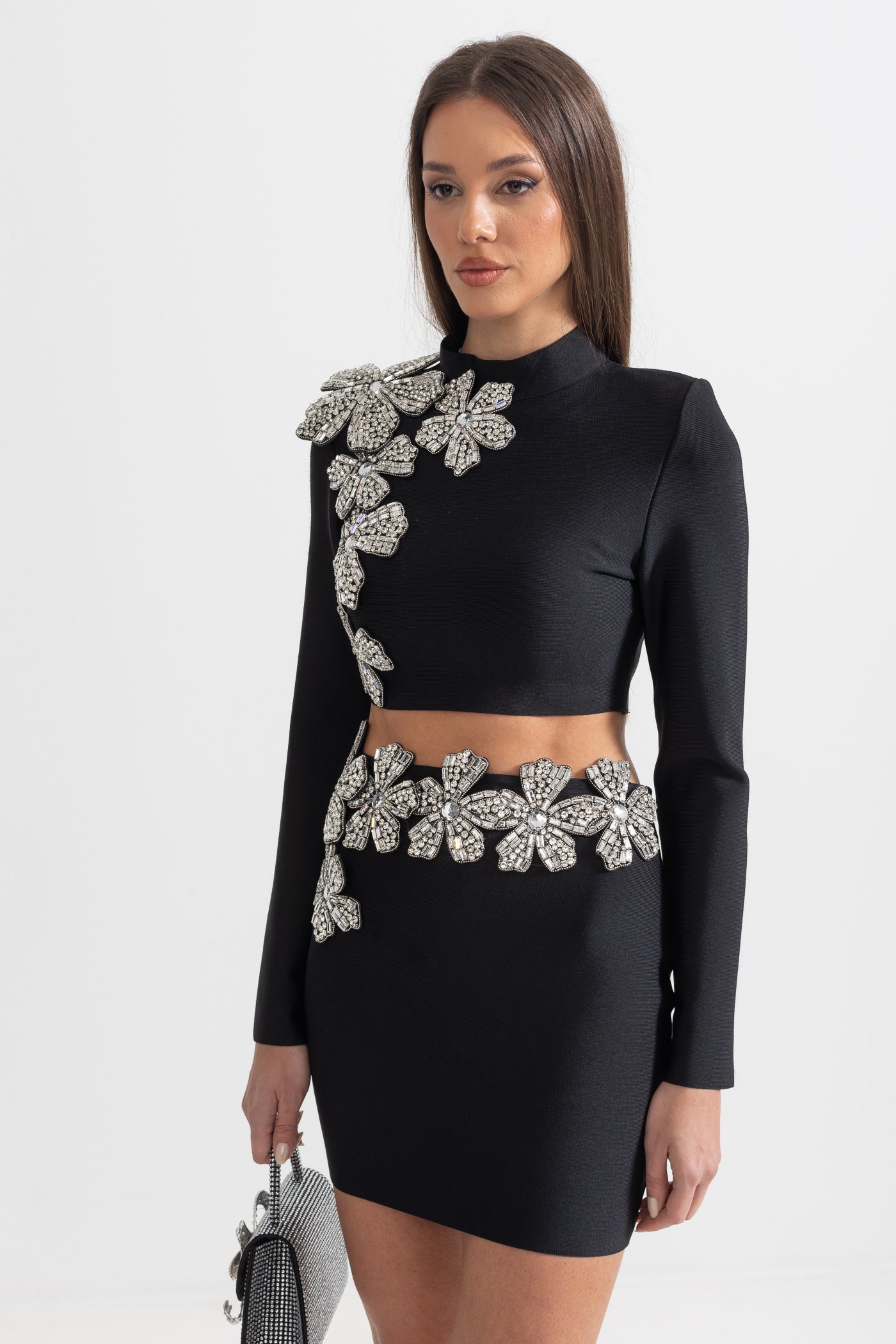 Diamond Flower Accent 2 Piece Set With Long Sleeves Top And Mini Skirt - Black