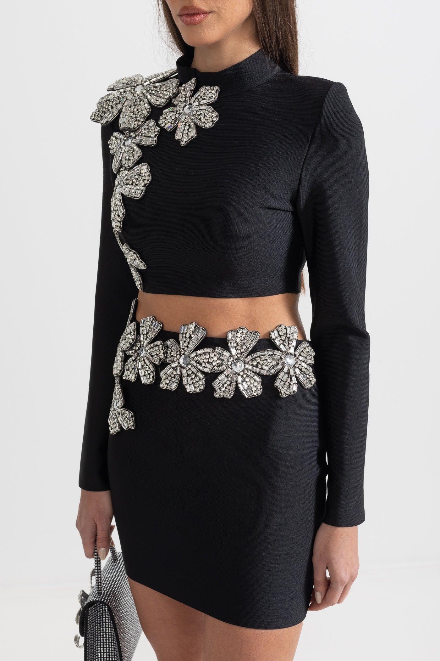 Diamond Flower Accent 2 Piece Set With Long Sleeves Top And Mini Skirt - Black