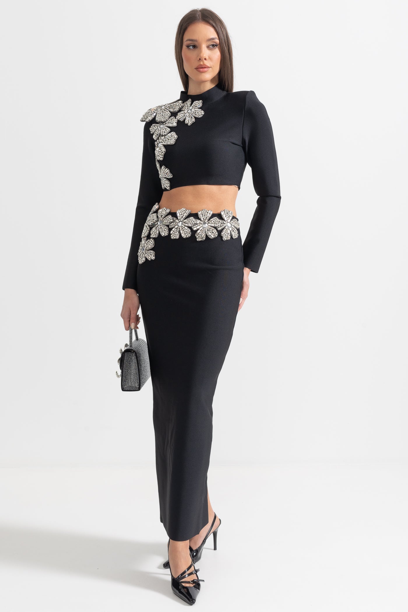 Diamond Flower Accent 2 Piece Set With Long Sleeves Top And Maxi Skirt - Black