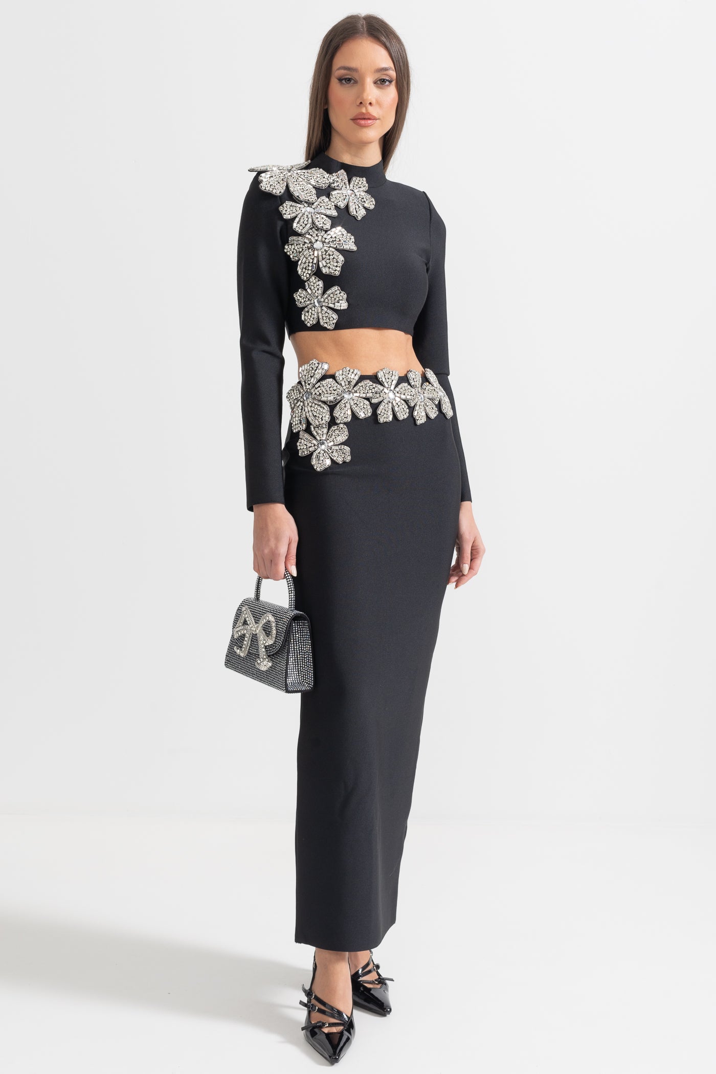 Diamond Flower Accent 2 Piece Set With Long Sleeves Top And Maxi Skirt - Black