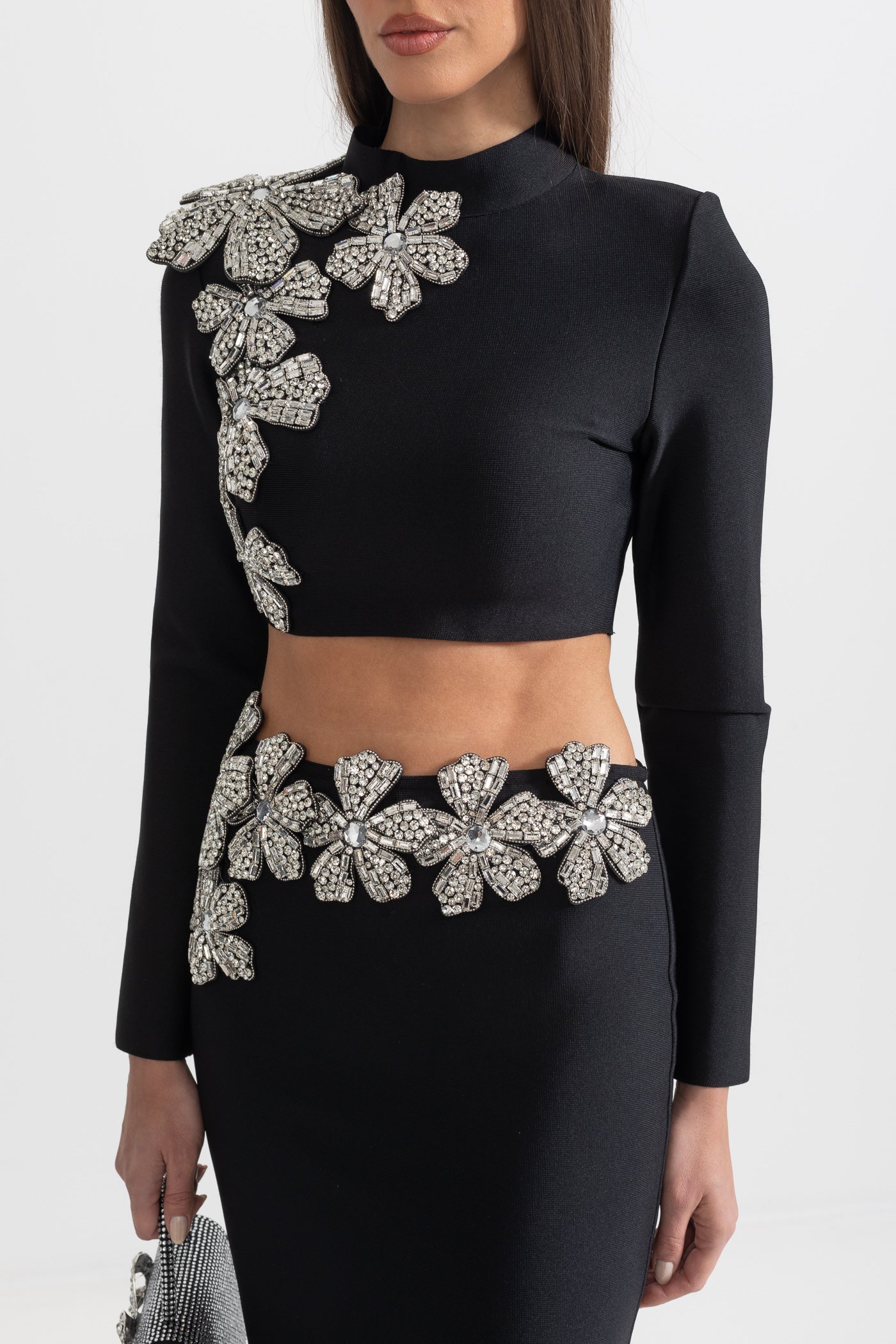 Diamond Flower Accent 2 Piece Set With Long Sleeves Top And Maxi Skirt - Black