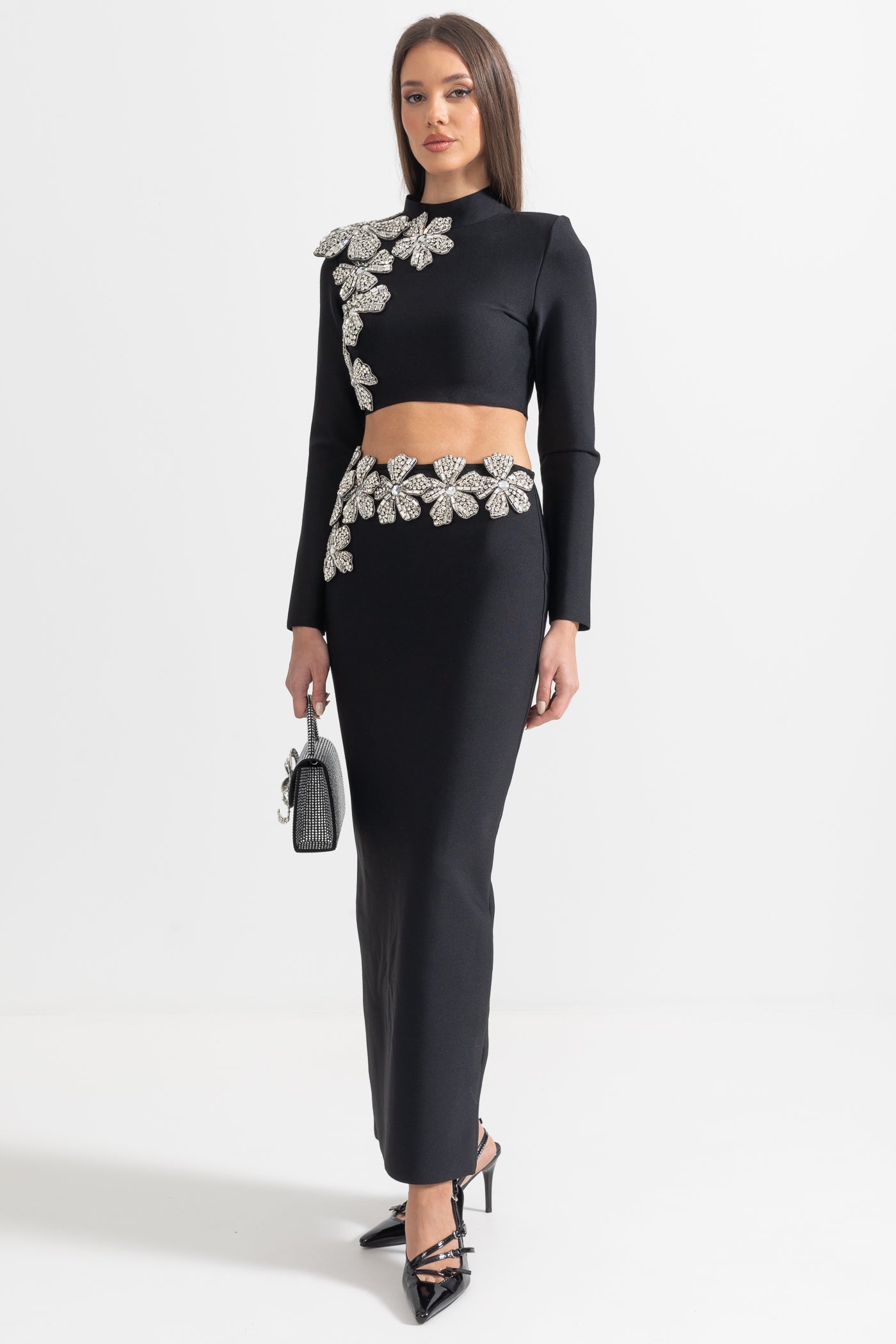 Diamond Flower Accent 2 Piece Set With Long Sleeves Top And Maxi Skirt - Black