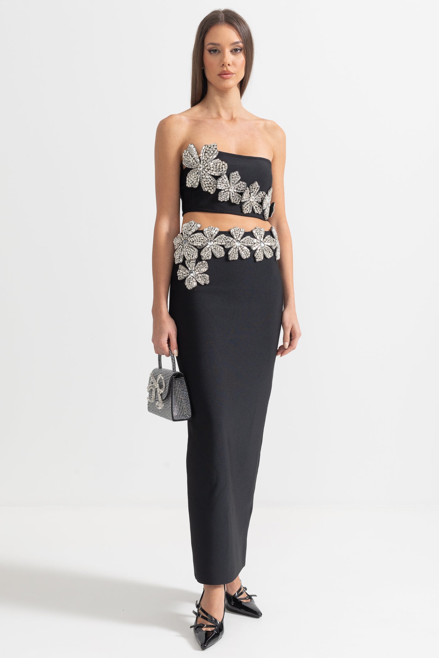 Diamond Flower Accent 2 Piece Set With Strapless Top And Maxi Skirt - Black