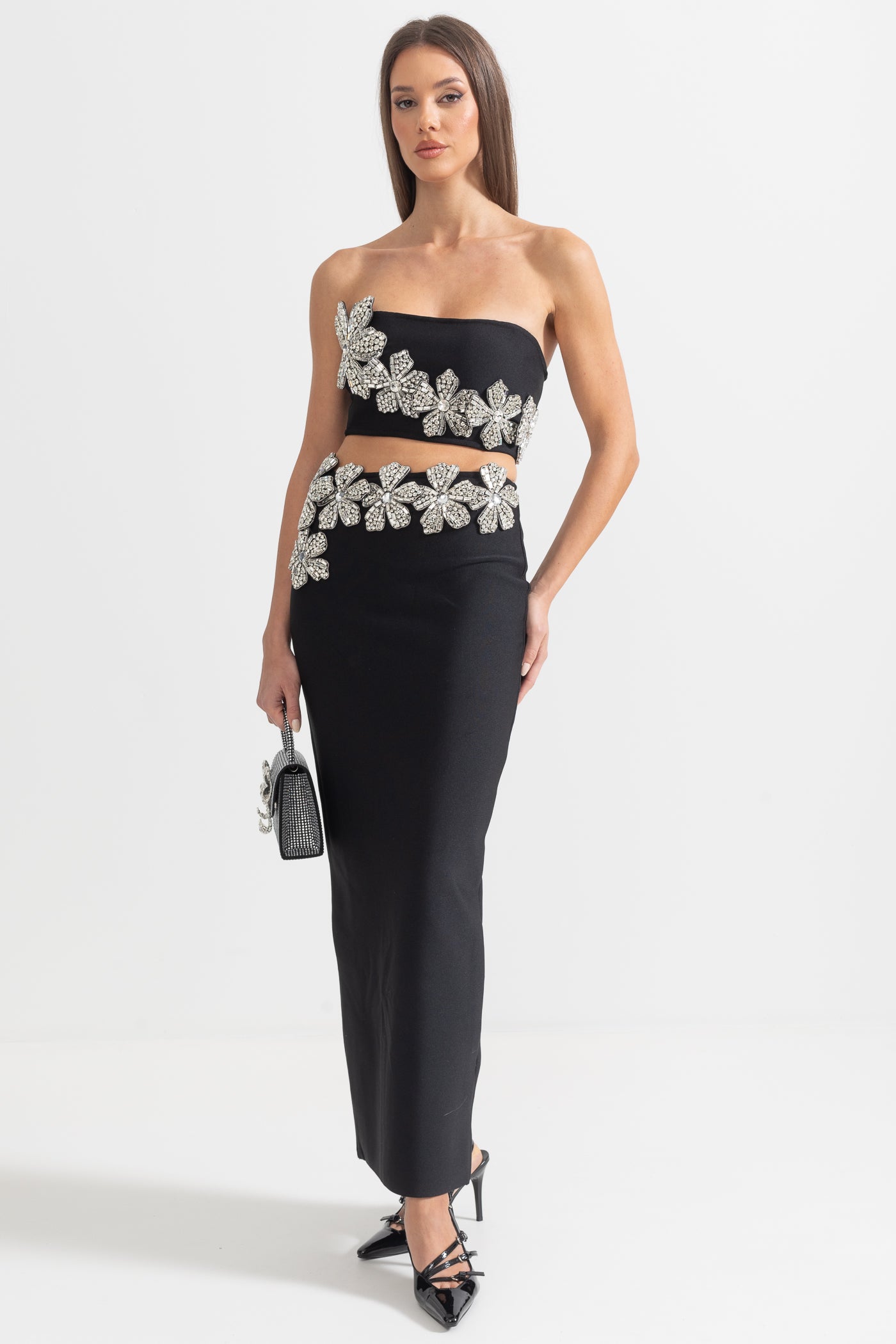 Diamond Flower Accent 2 Piece Set With Strapless Top And Maxi Skirt - Black