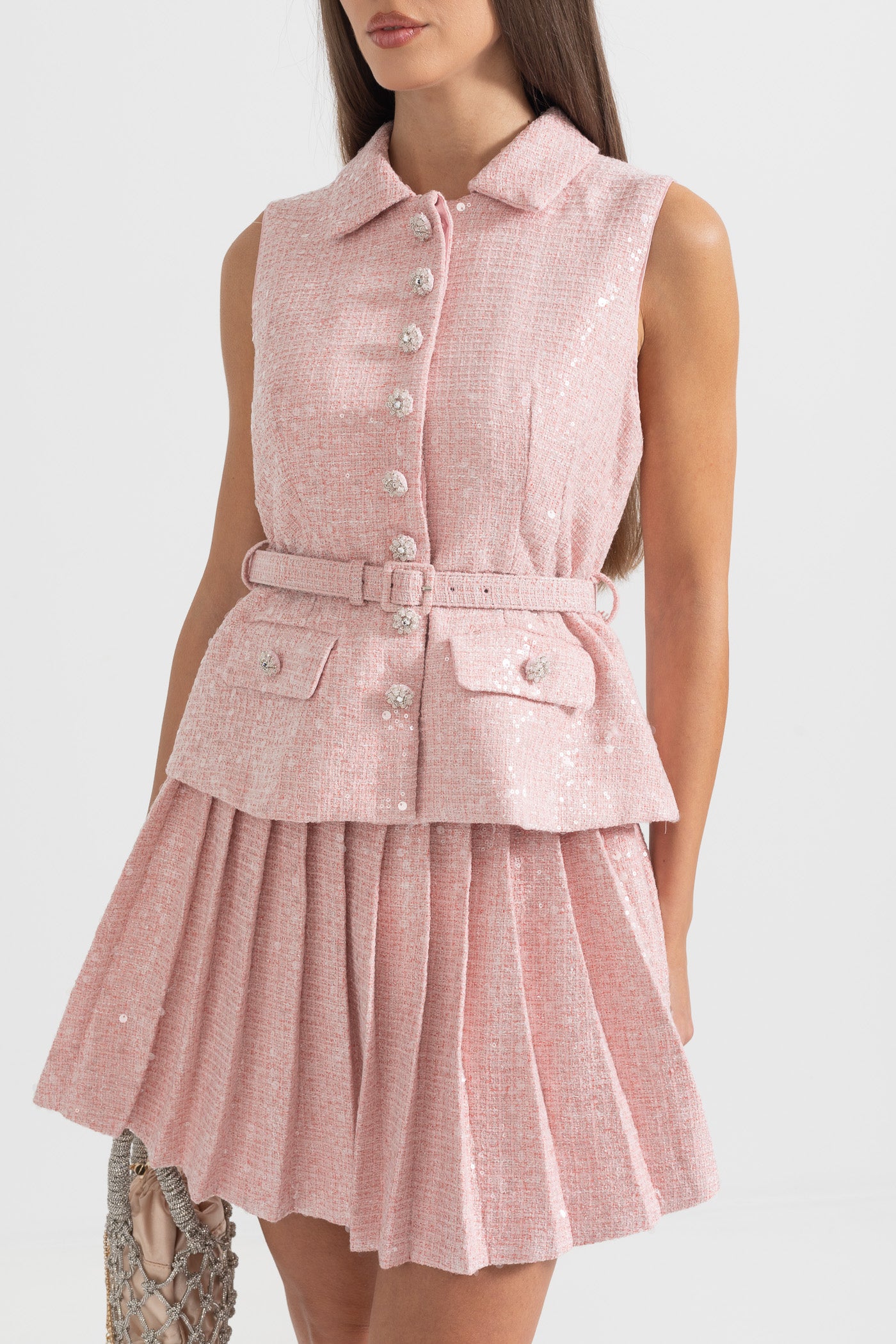 Sleeveless Textured Mini Dress With Pleated Skirt And Waistbelt - Pink