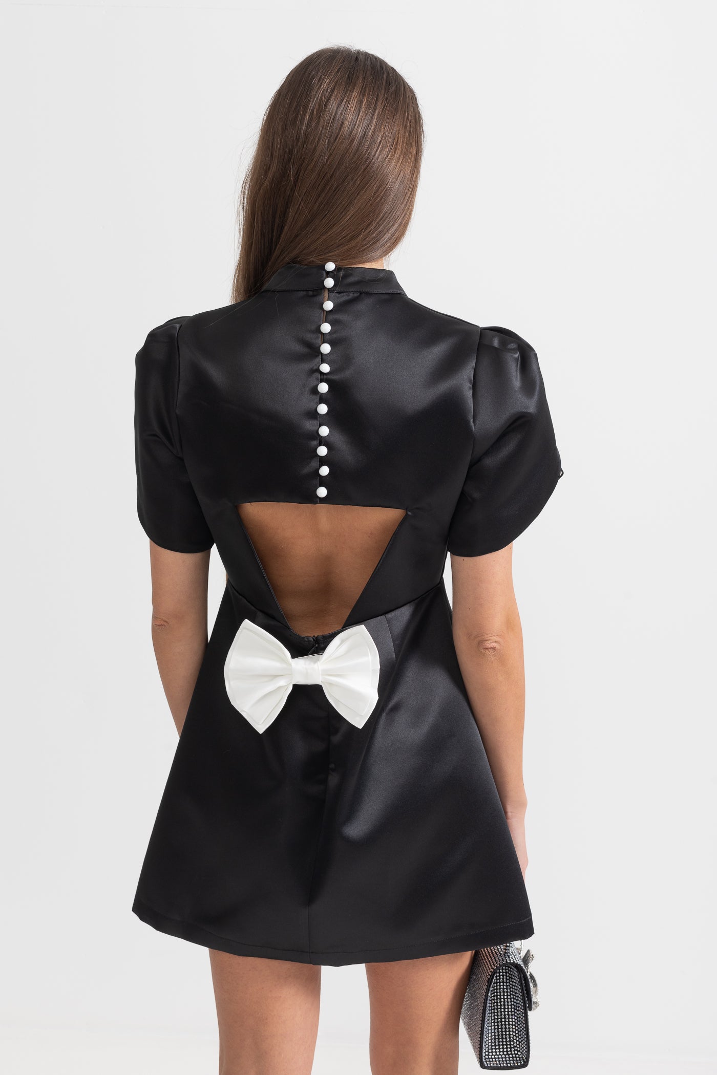 Elegant Mini Dress With Back Cutout and Bow - Black