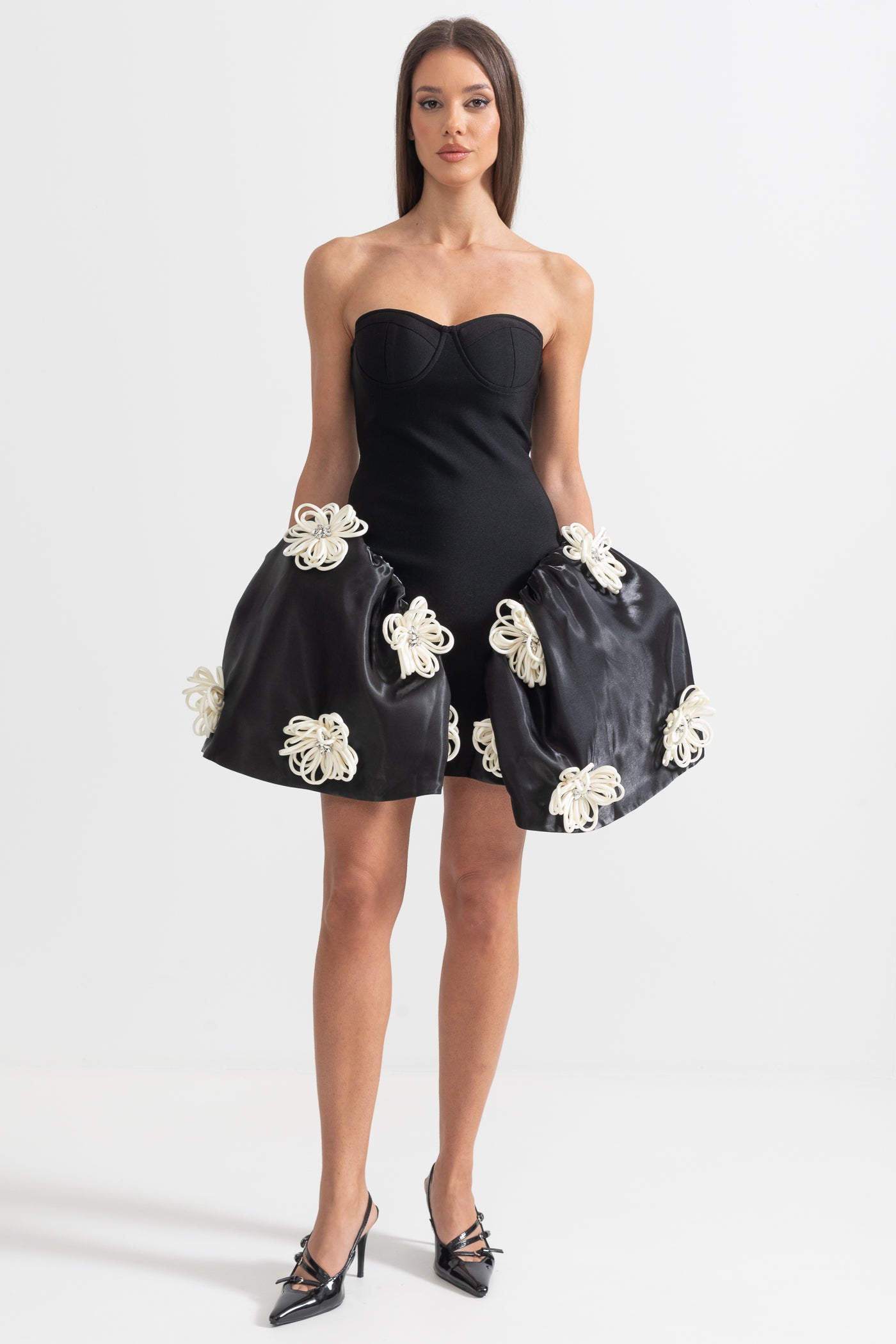 Elegant Mini Dress With 3D Silver Flower Embellishments - Black