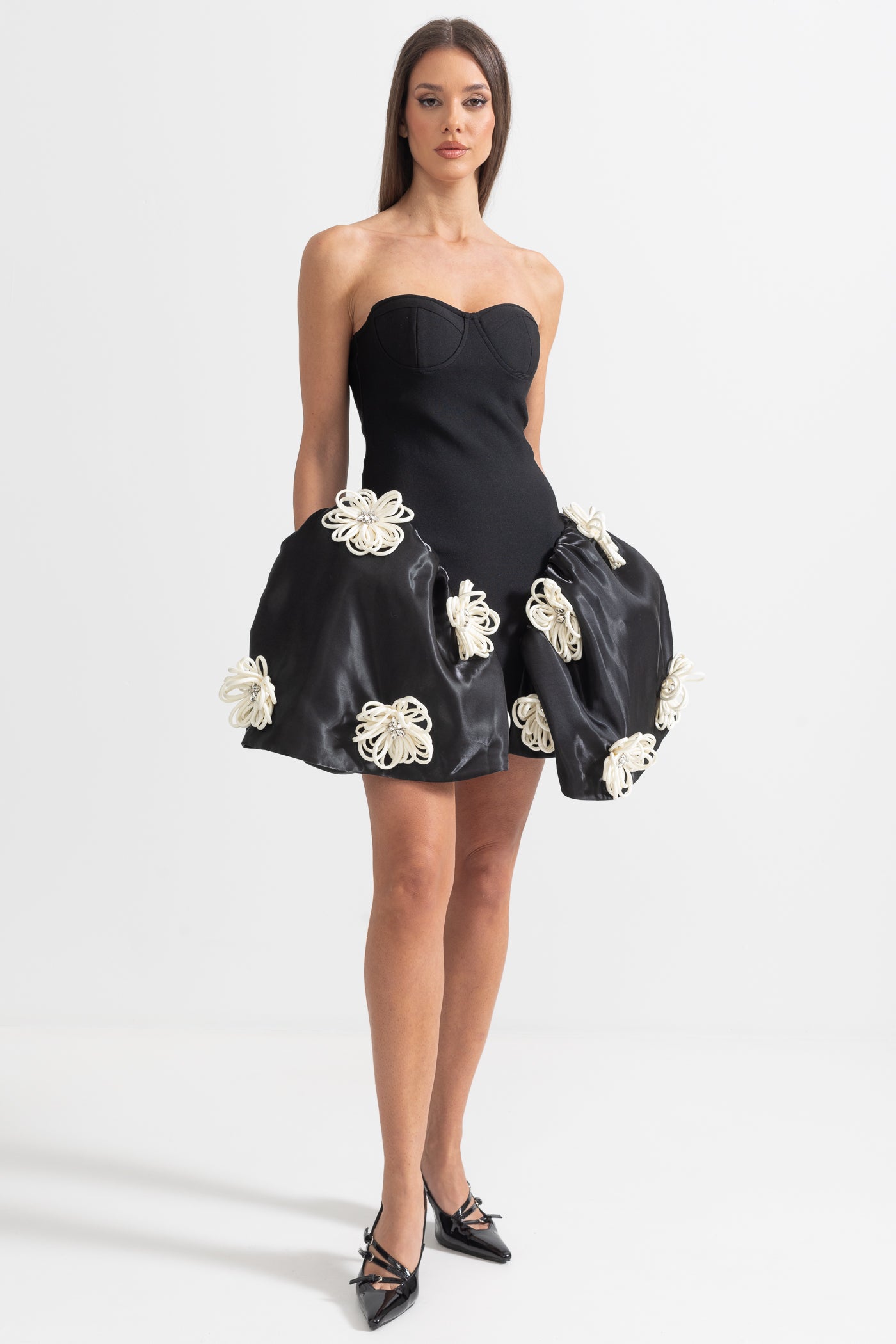 Elegant Mini Dress With 3D Silver Flower Embellishments - Black