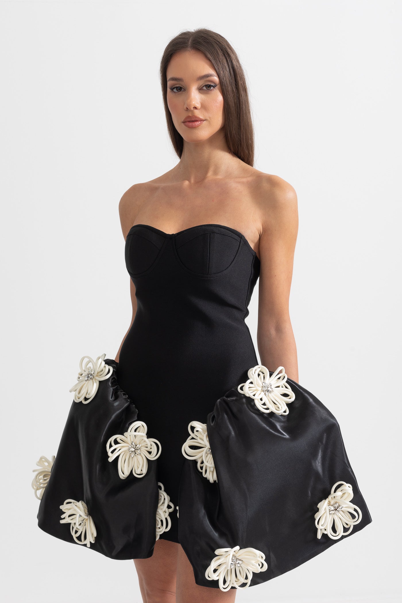 Elegant Mini Dress With 3D Silver Flower Embellishments - Black