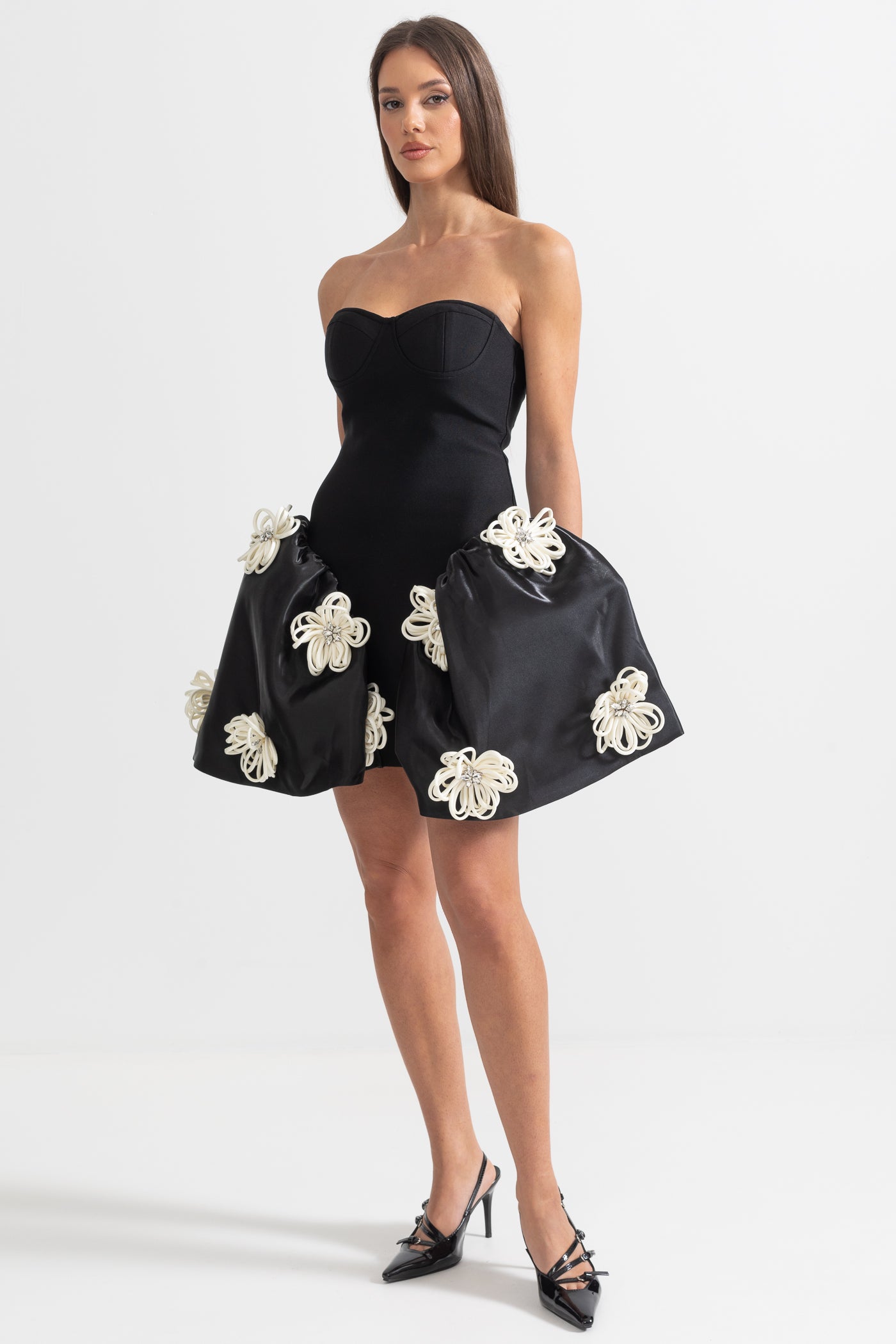 Elegant Mini Dress With 3D Silver Flower Embellishments - Black