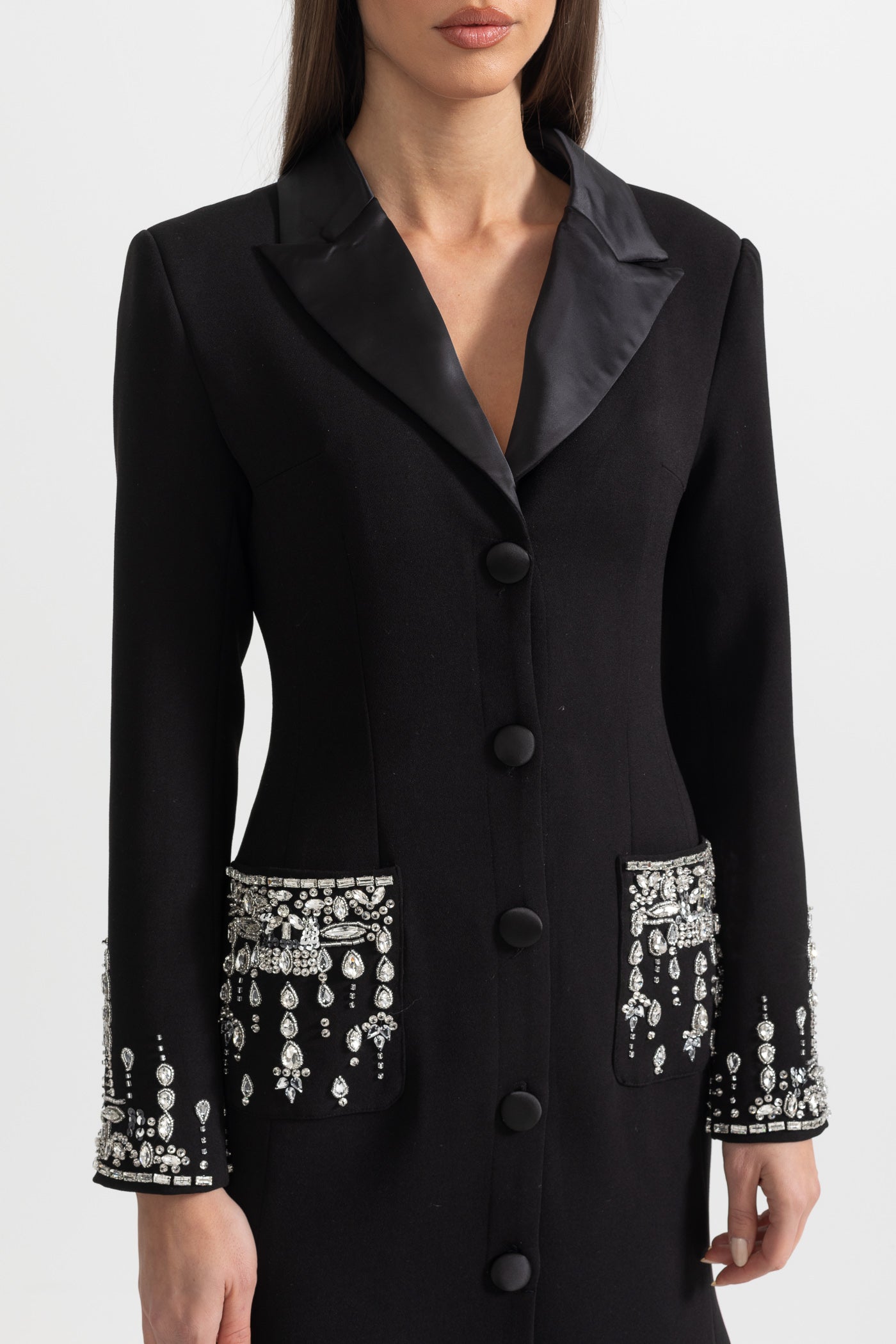 Long Silhouette Dress With Lapels And Crystal Detailing - Black