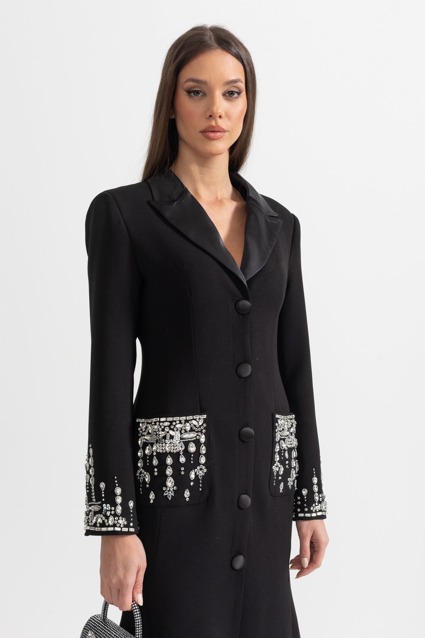 Long Silhouette Dress With Lapels And Crystal Detailing - Black