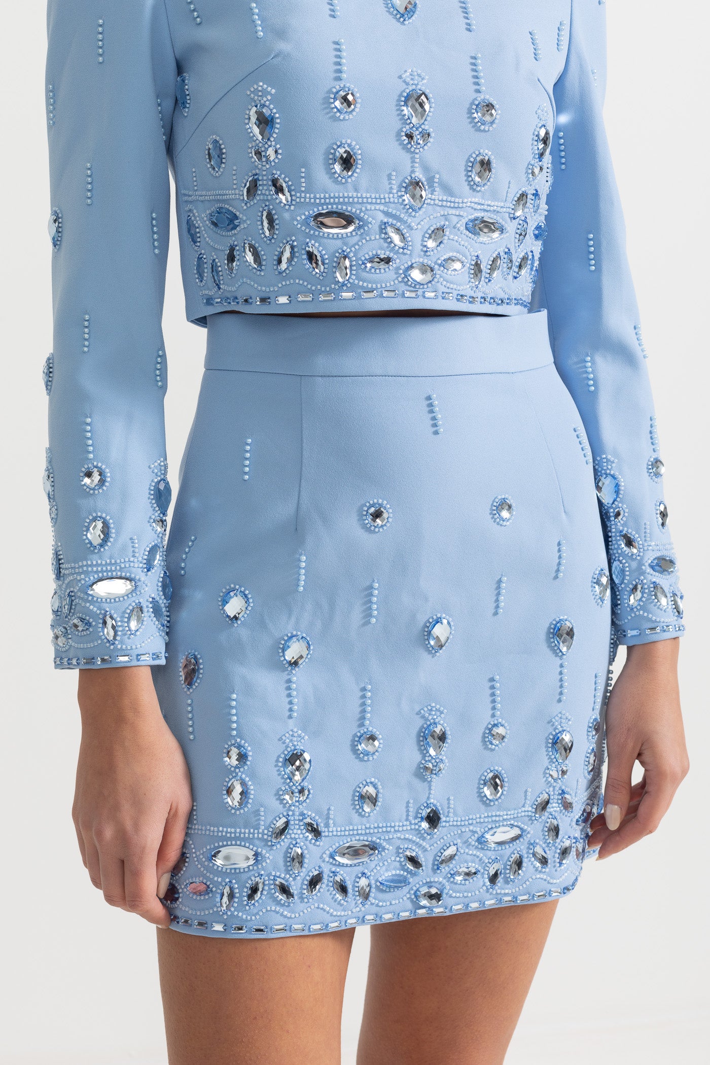 Diamond Embellished Co-Ord with Mini Skirt - Baby Blue