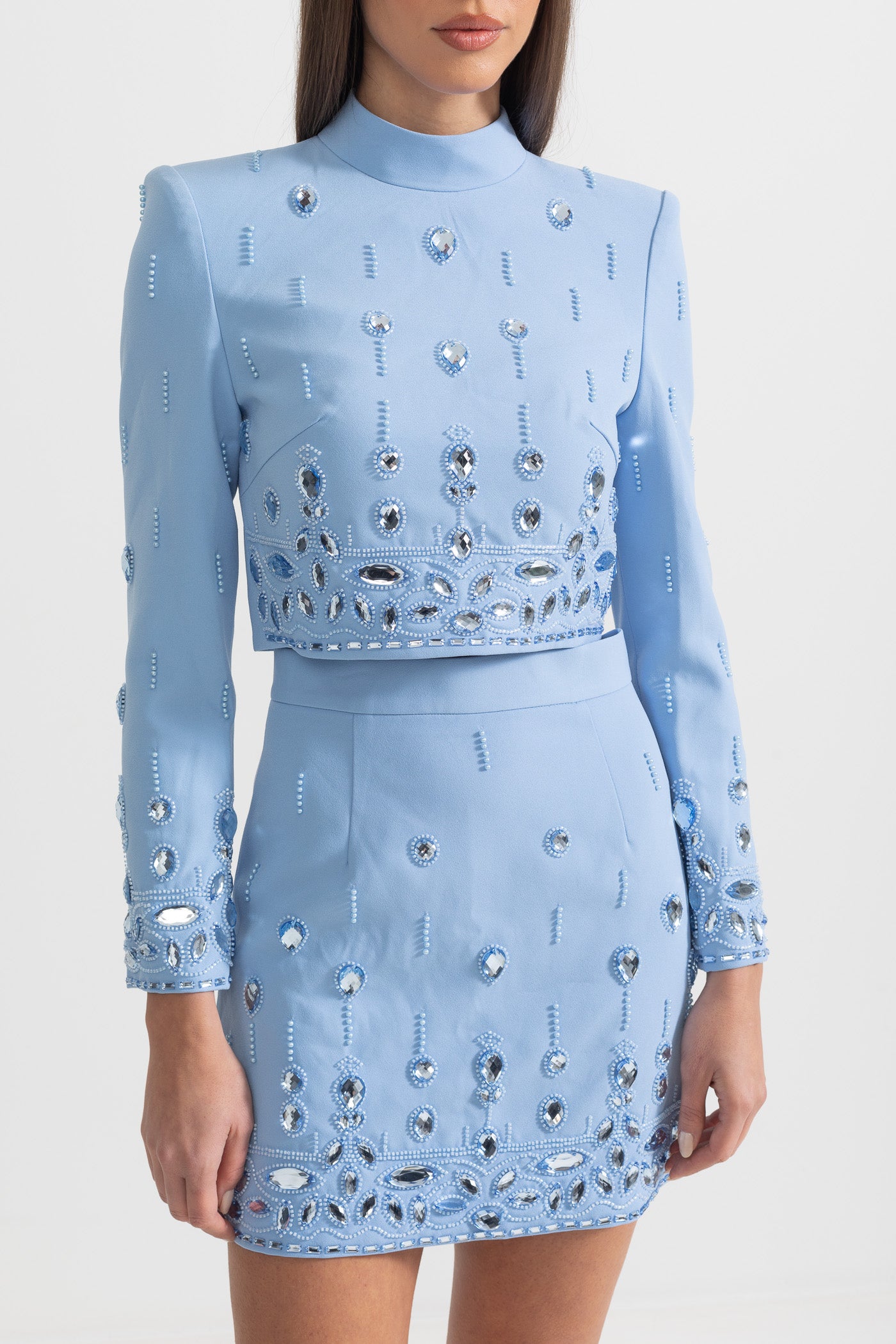 Diamond Embellished Co-Ord with Mini Skirt - Baby Blue