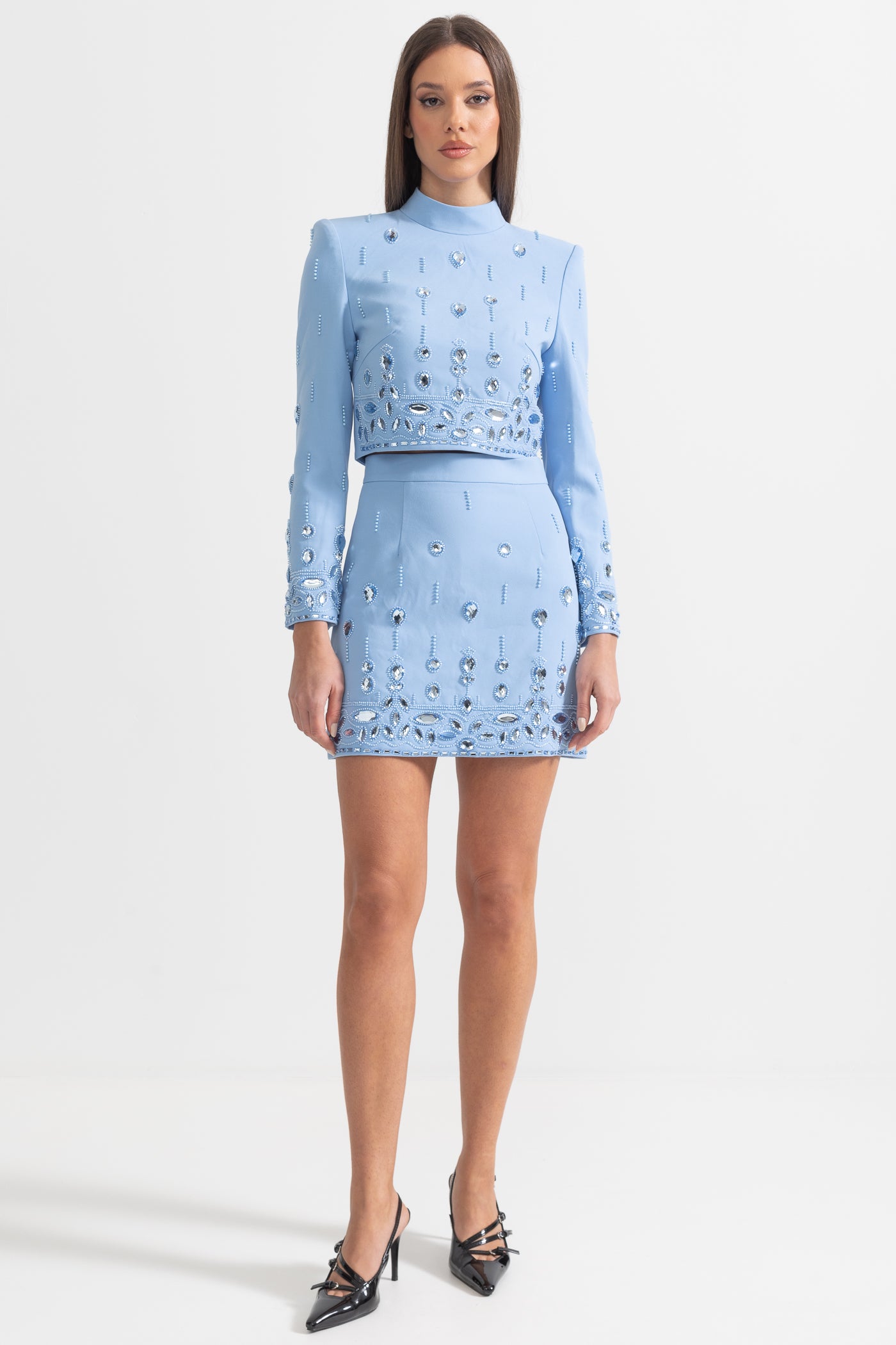 Diamond Embellished Co-Ord with Mini Skirt - Baby Blue