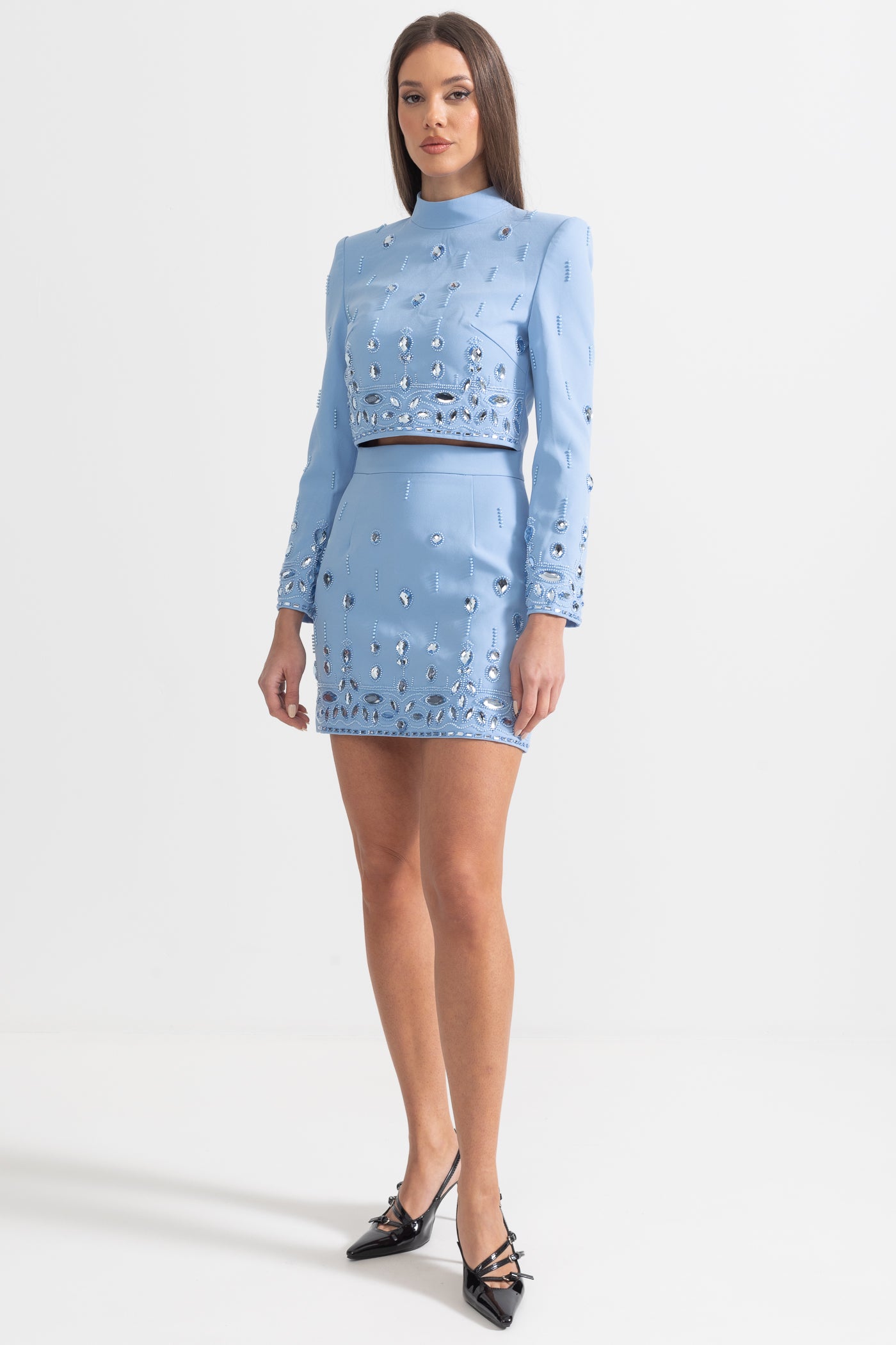 Diamond Embellished Co-Ord with Mini Skirt - Baby Blue