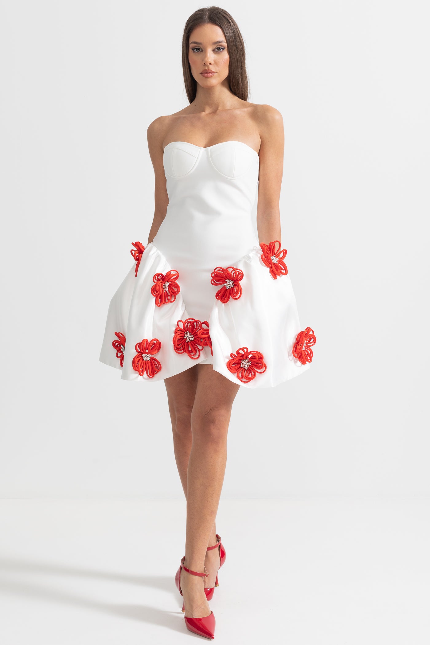 Elegant Mini Dress With 3D Silver Flower Embellishments - White