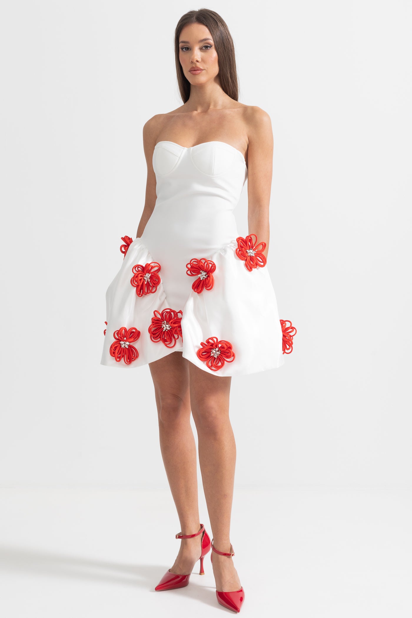 Elegant Mini Dress With 3D Silver Flower Embellishments - White