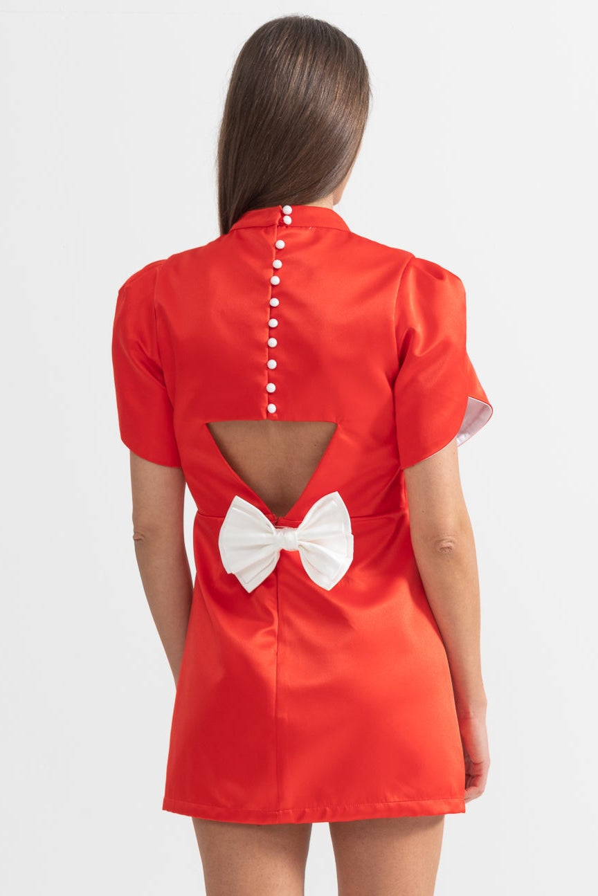 Elegant Mini Dress With Back Cutout and Bow - Red