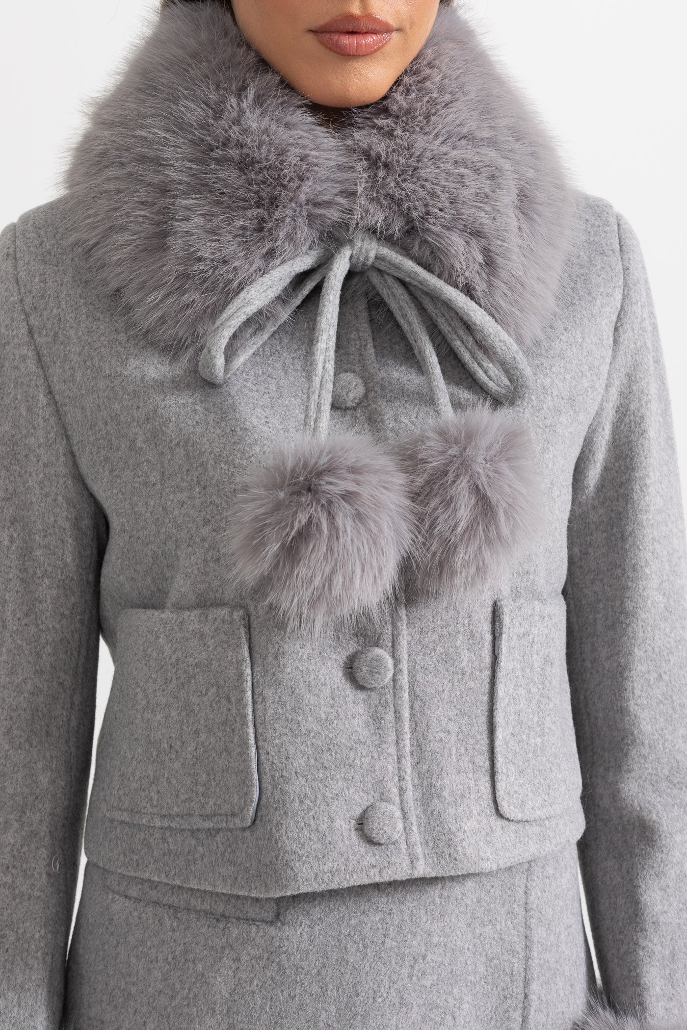 Two-Piece Ensemble With Fur-Trimmed Jacket And Matching Skirt - Gray