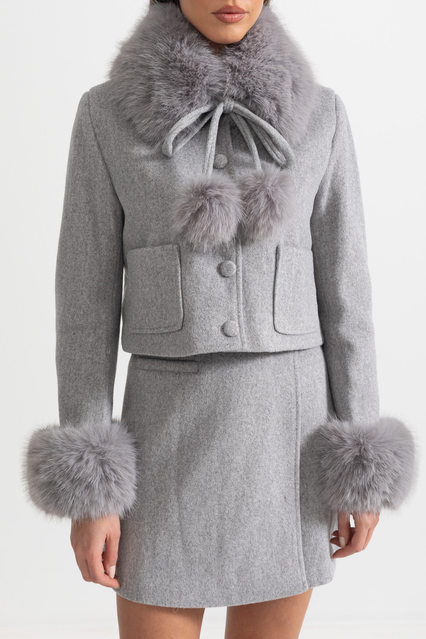 Two-Piece Ensemble With Fur-Trimmed Jacket And Matching Skirt - Gray