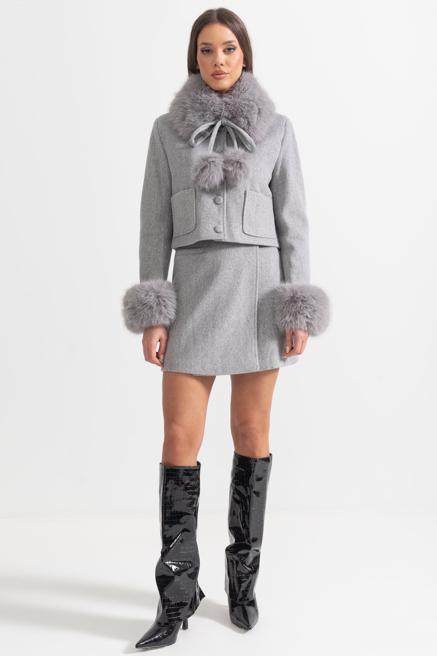 Two-Piece Ensemble With Fur-Trimmed Jacket And Matching Skirt - Gray