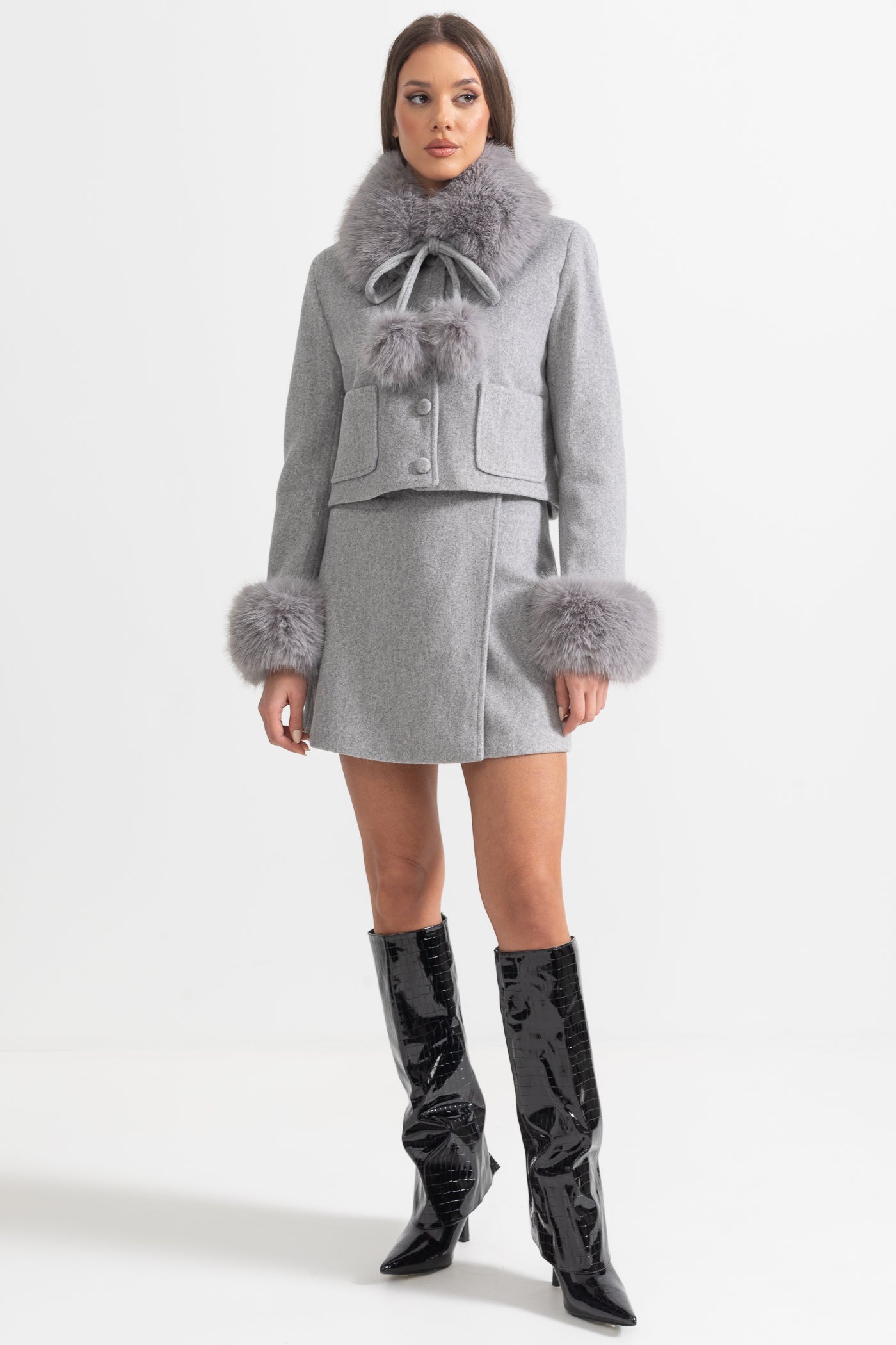 Two-Piece Ensemble With Fur-Trimmed Jacket And Matching Skirt - Gray