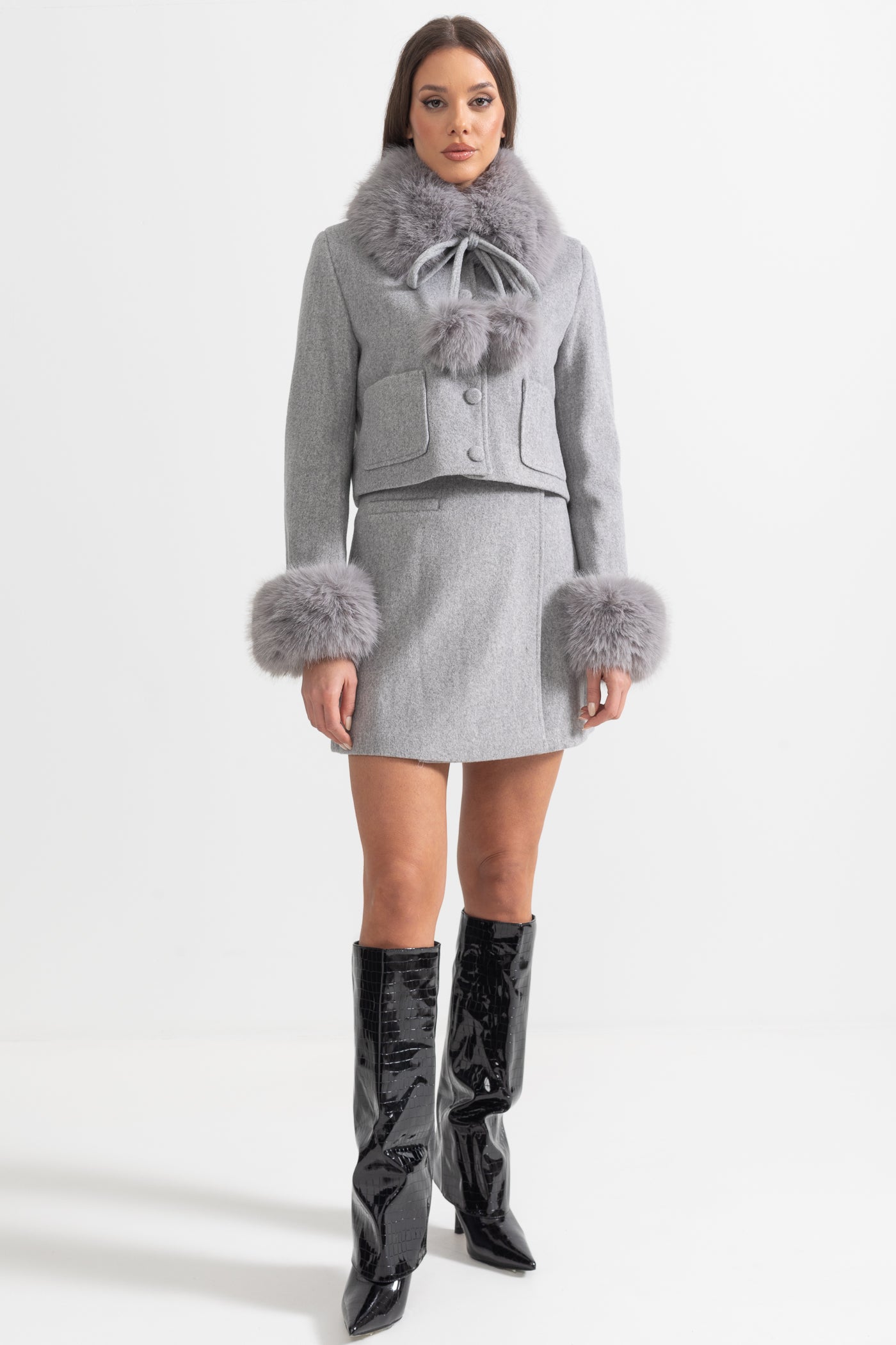 Two-Piece Ensemble With Fur-Trimmed Jacket And Matching Skirt - Gray