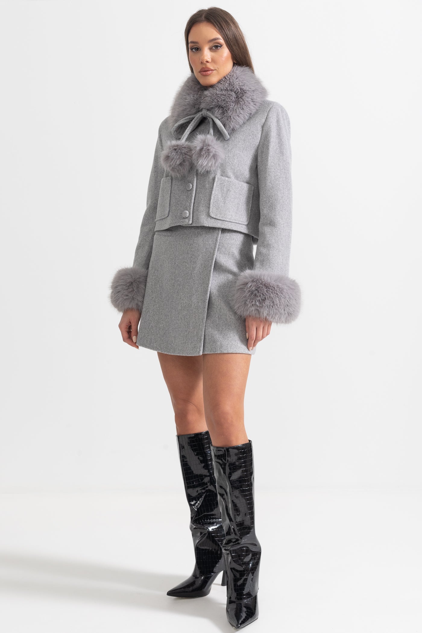 Two-Piece Ensemble With Fur-Trimmed Jacket And Matching Skirt - Gray