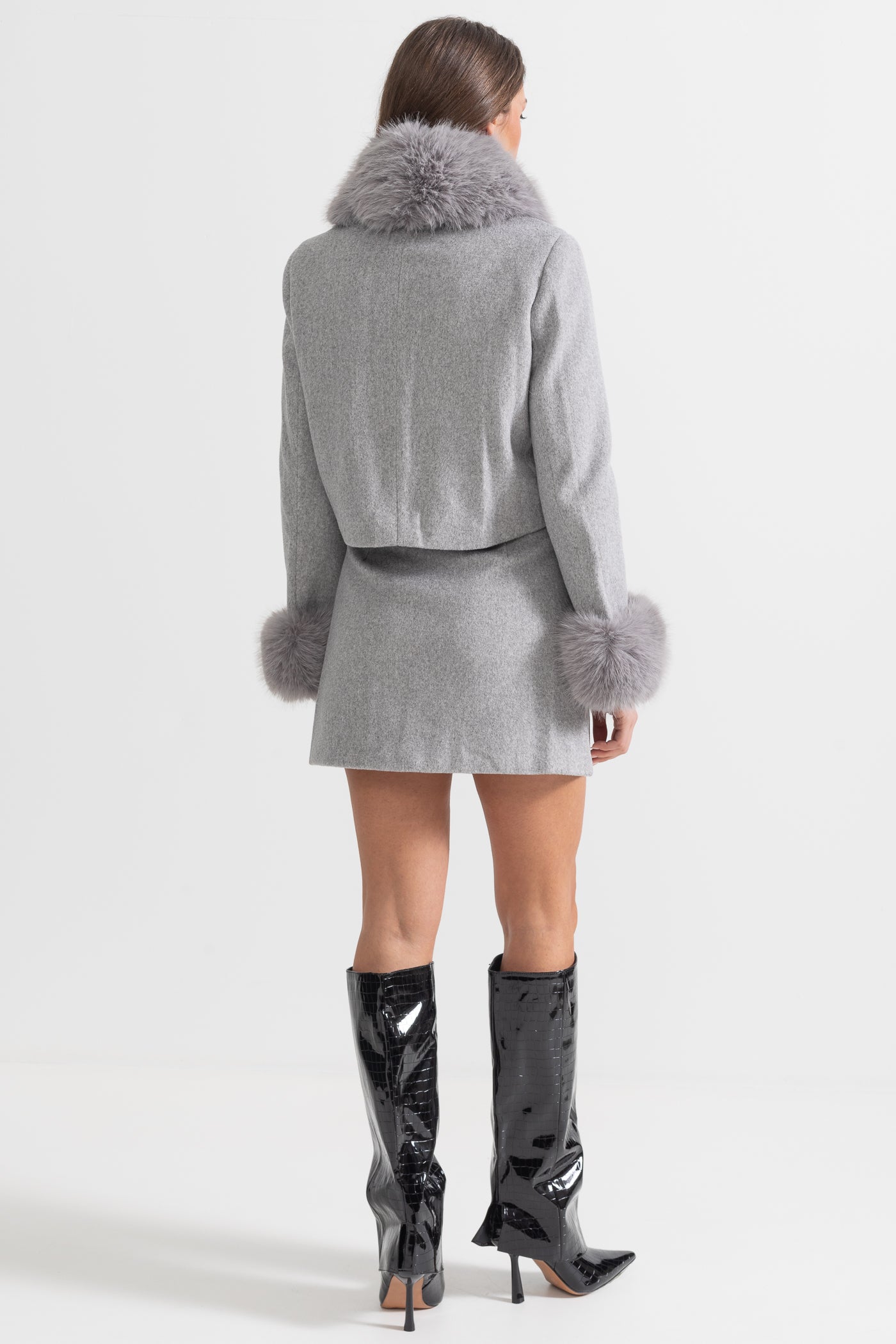 Two-Piece Ensemble With Fur-Trimmed Jacket And Matching Skirt - Gray