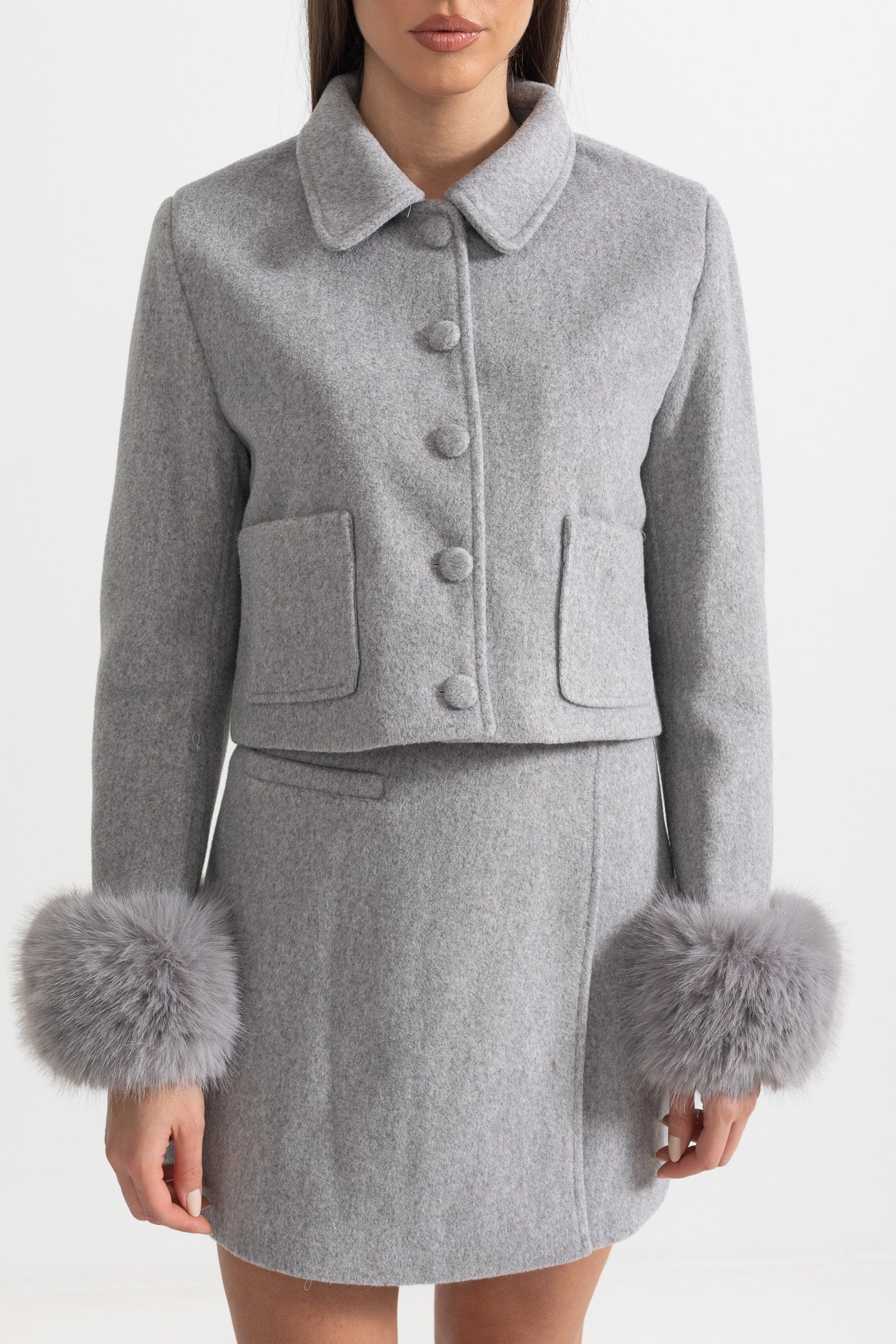 Two-Piece Ensemble With Fur-Trimmed Jacket And Matching Skirt - Gray