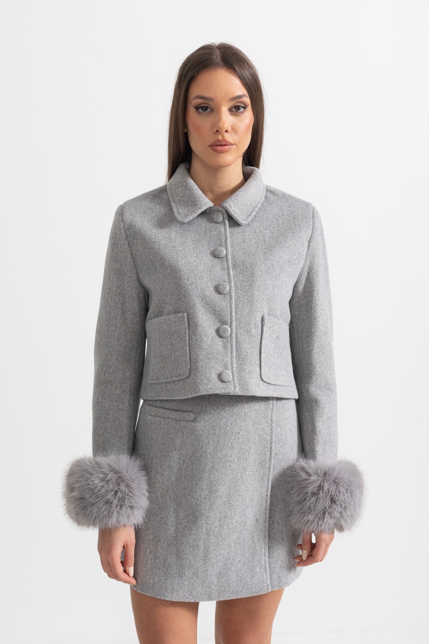 Two-Piece Ensemble With Fur-Trimmed Jacket And Matching Skirt - Gray