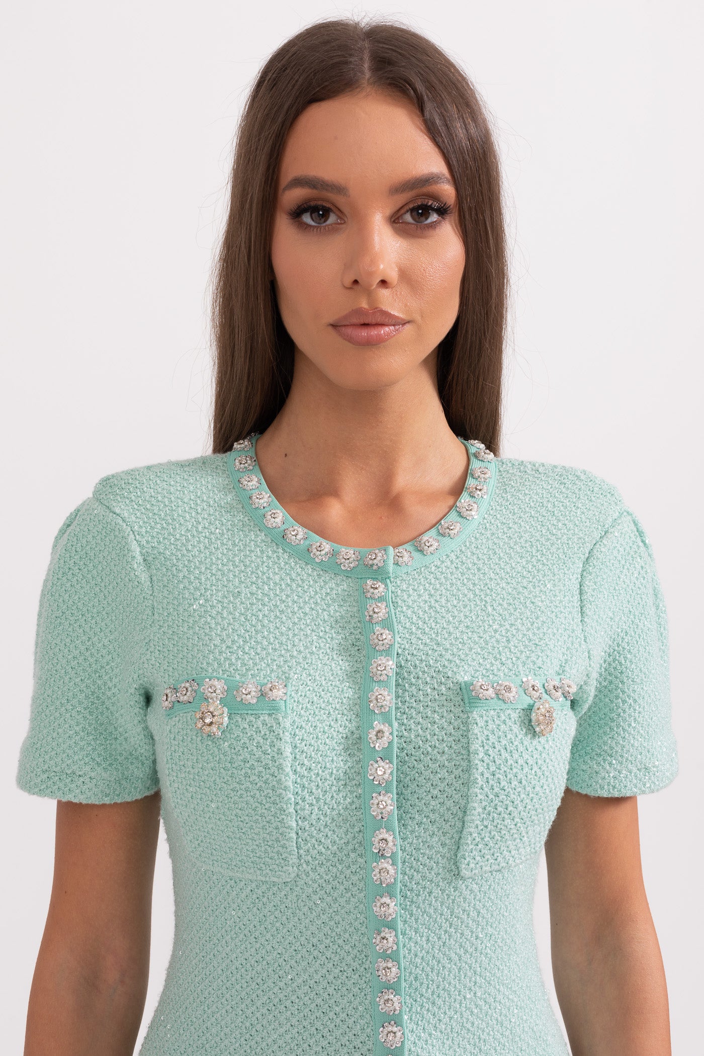 Short Sleeve Diamond Mini Dress - Mint Green