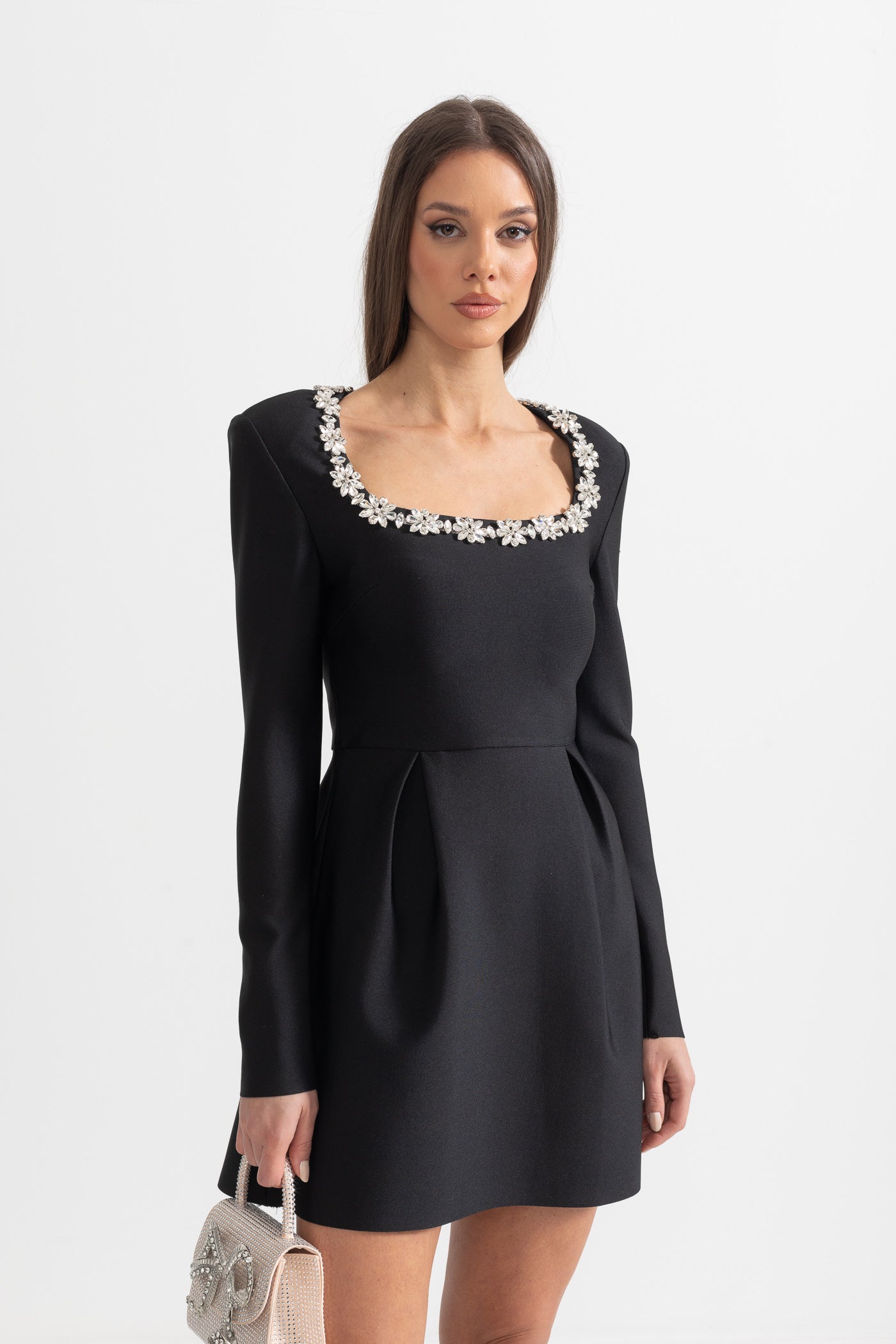 Elegant Dress With Square Neckline And Silver Floral Detailing - Black