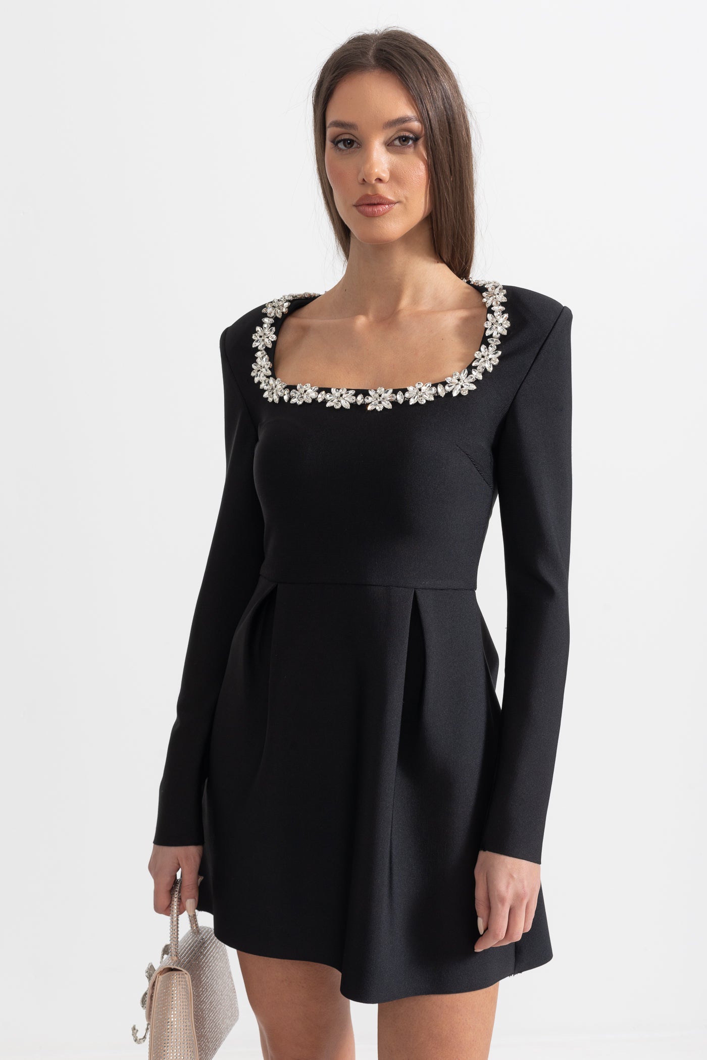 Elegant Dress With Square Neckline And Silver Floral Detailing - Black