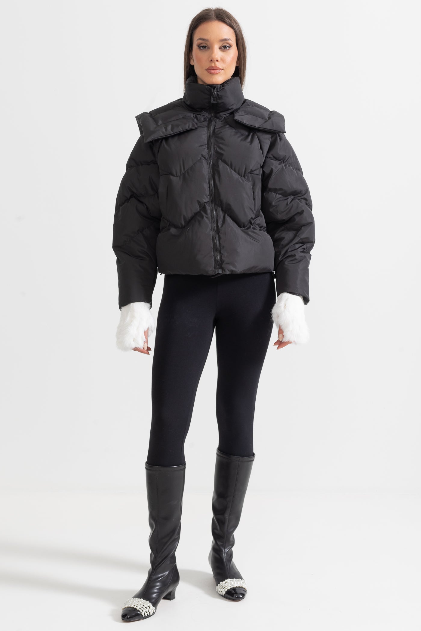 Contemporary Puffer Jacket With Oversized Shoulder Pads - Black