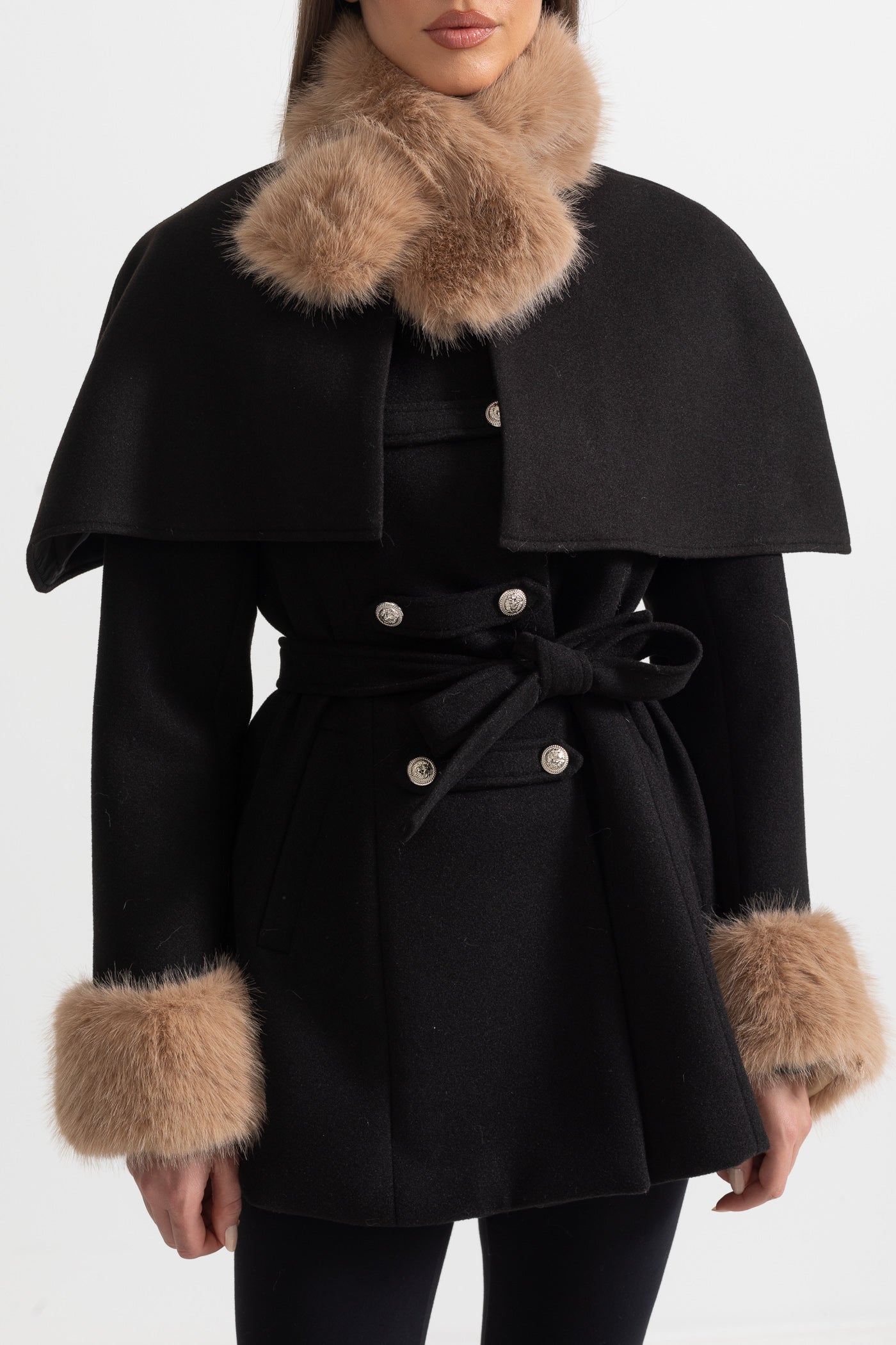 Double-Breasted Trench Coat With Detachable Cape - Black