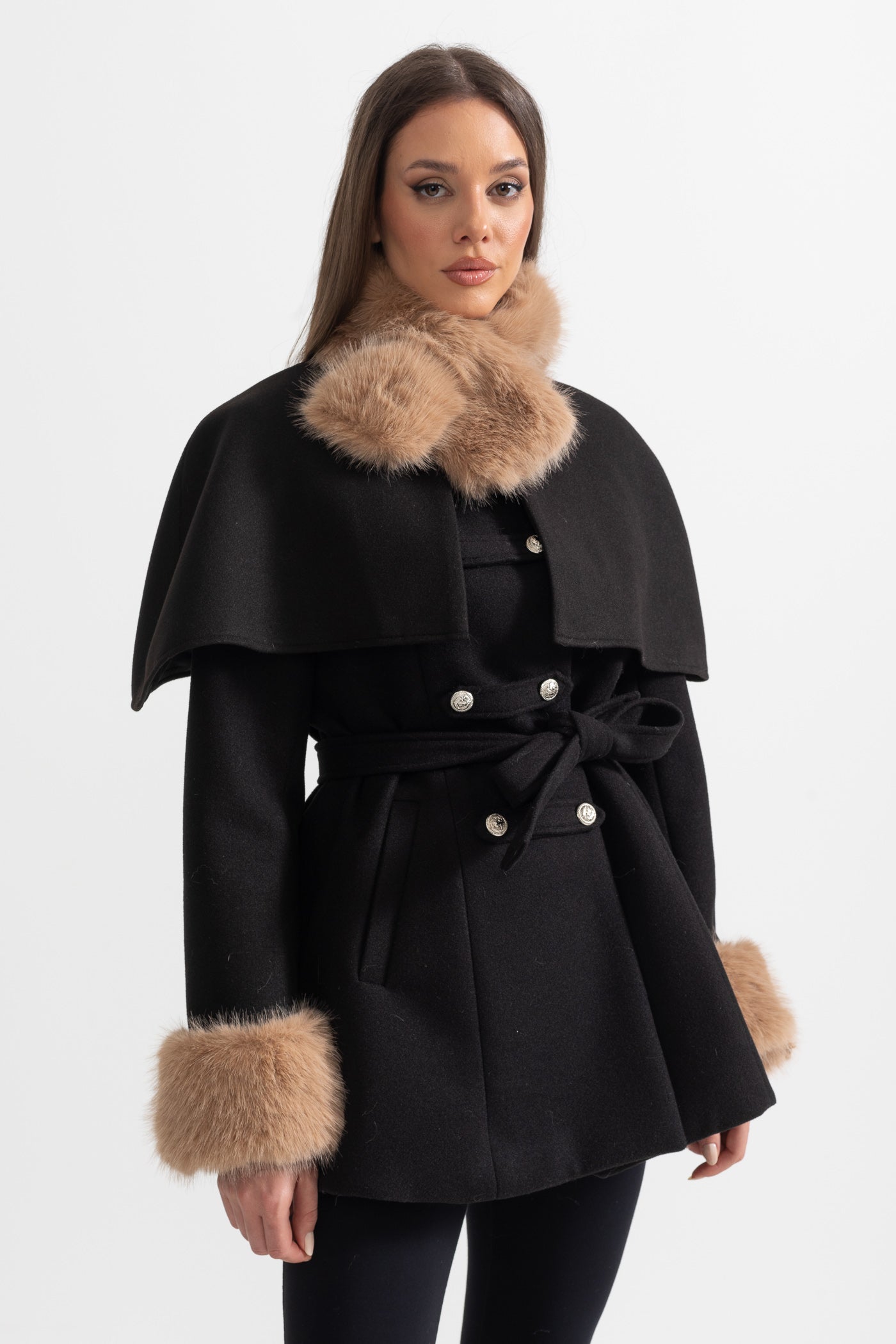 Double-Breasted Trench Coat With Detachable Cape - Black